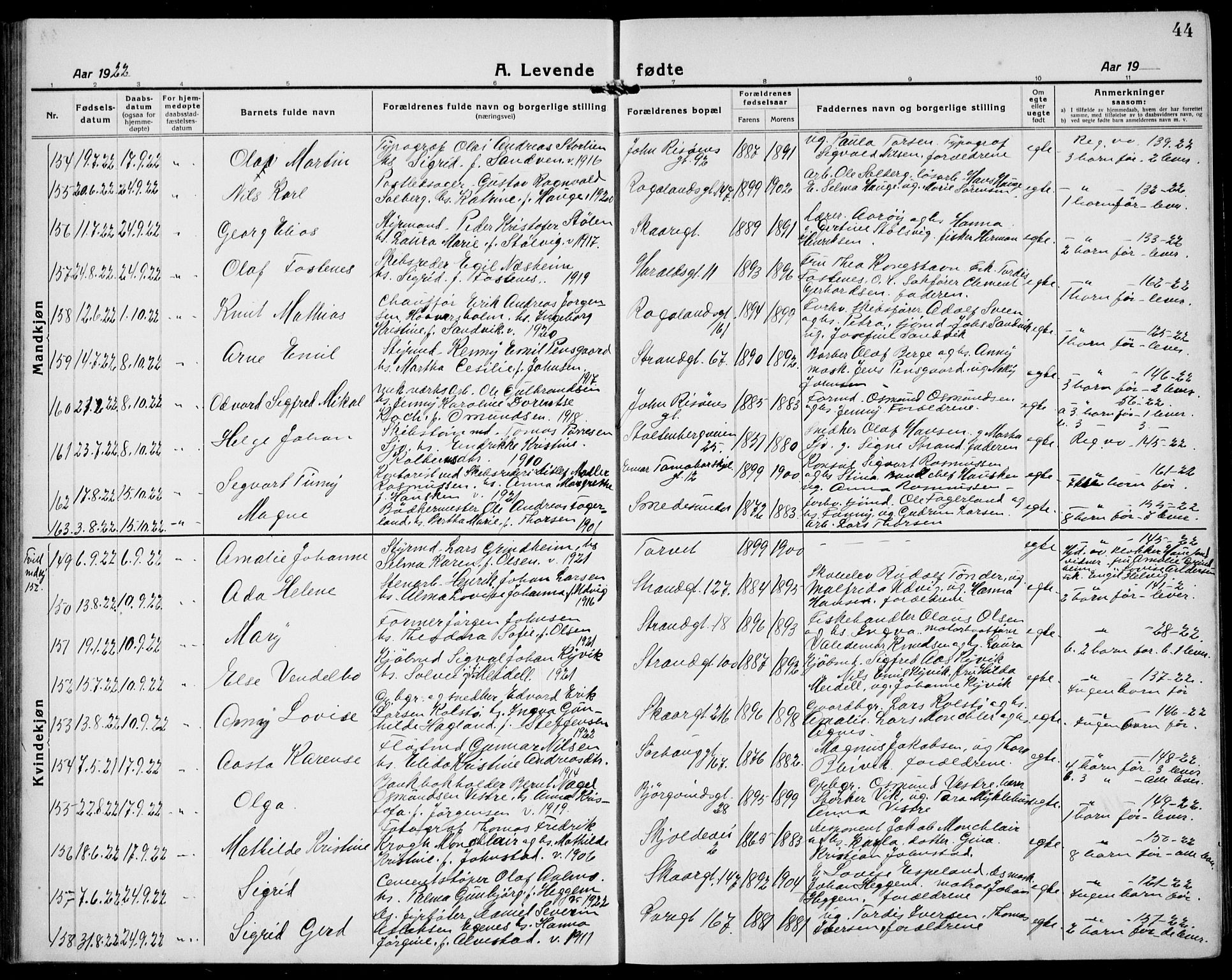 Haugesund sokneprestkontor, AV/SAST-A -101863/H/Ha/Hab/L0011: Klokkerbok nr. B 11, 1921-1934, s. 44