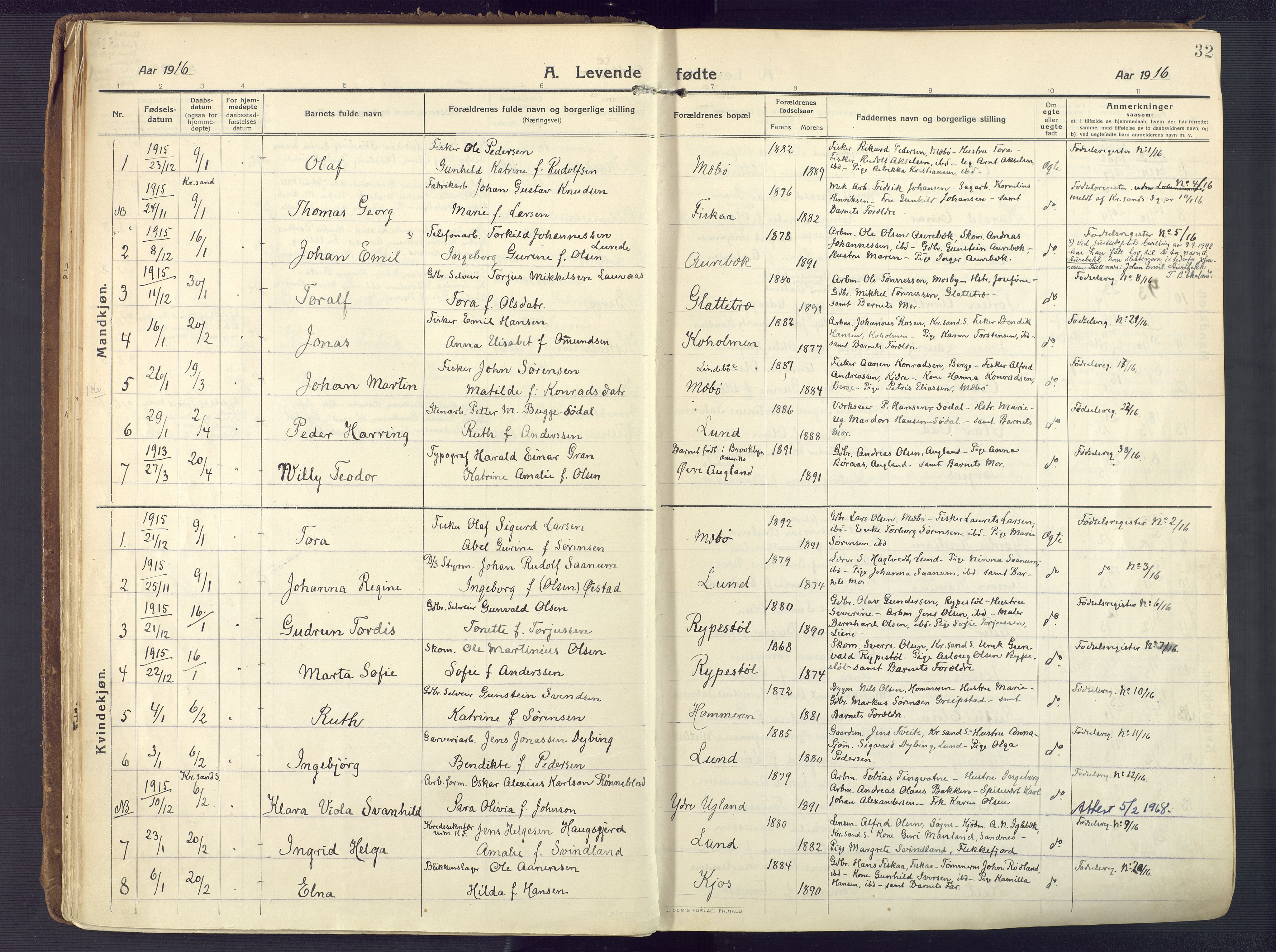 Oddernes sokneprestkontor, SAK/1111-0033/F/Fa/Faa/L0012: Ministerialbok nr. A 12, 1912-1925, s. 32