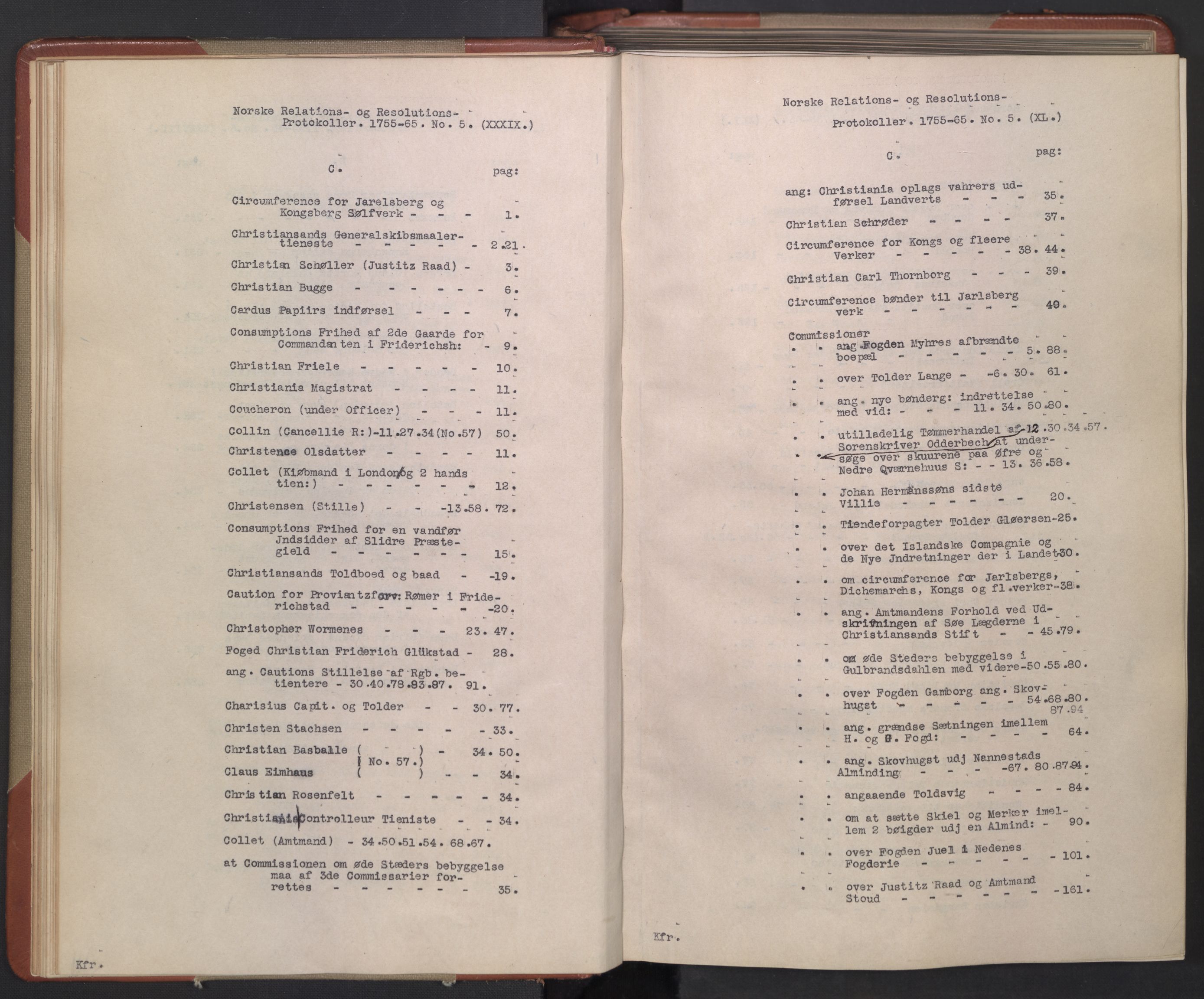 Avskriftsamlingen, AV/RA-EA-4022/F/Fb/L0119: Registratur over norske Relasjons- og  resolusjonsprotokoller, 1755-1765, s. 23