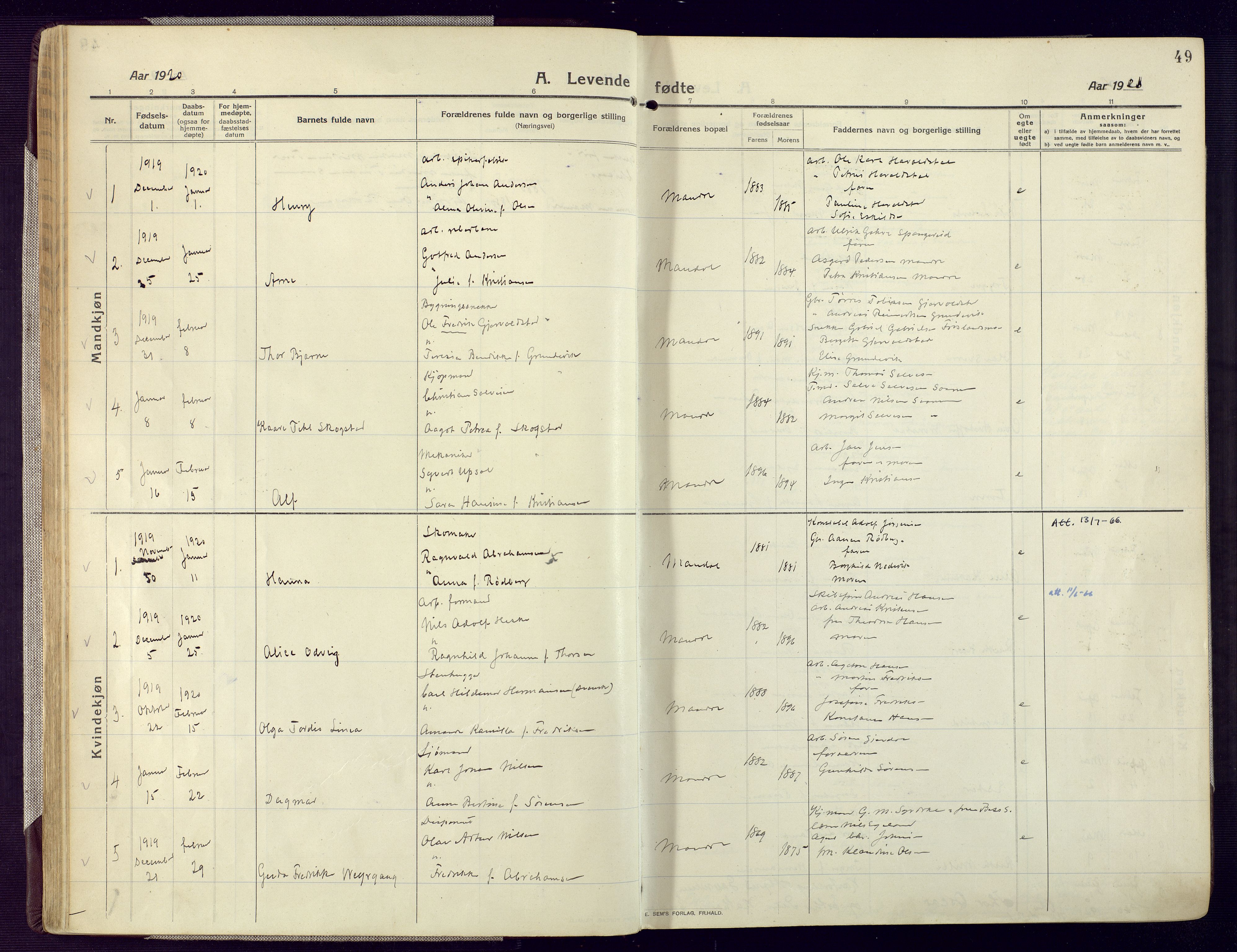 Mandal sokneprestkontor, SAK/1111-0030/F/Fa/Fac/L0001: Ministerialbok nr. A 1, 1913-1925, s. 49