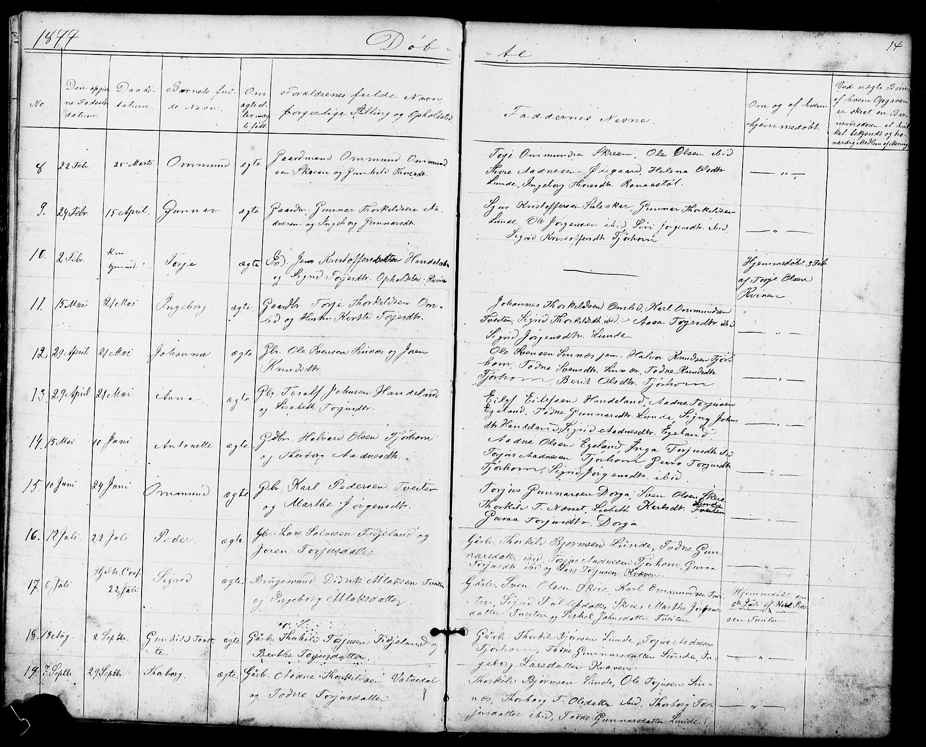 Sirdal sokneprestkontor, AV/SAK-1111-0036/F/Fb/Fba/L0001: Klokkerbok nr. B 1, 1872-1905, s. 14