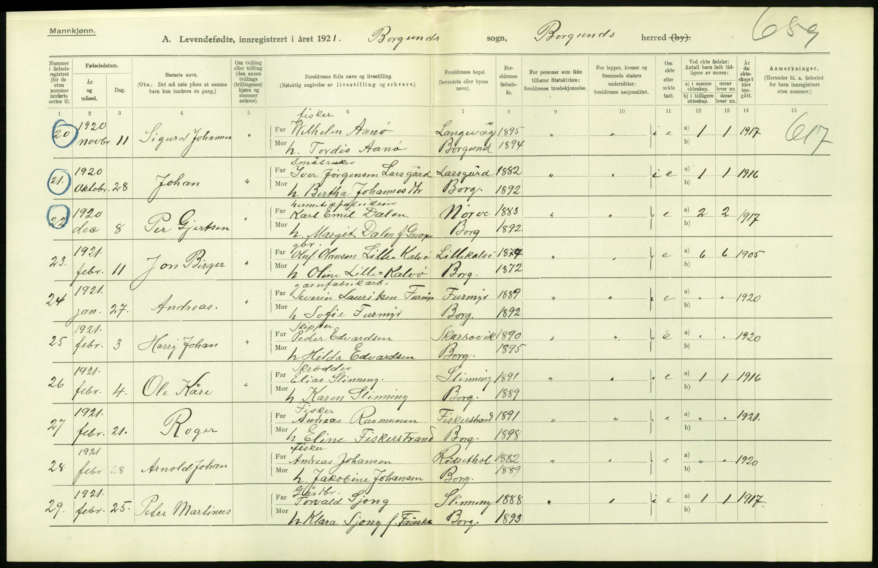 Statistisk sentralbyrå, Sosiodemografiske emner, Befolkning, AV/RA-S-2228/D/Df/Dfc/Dfca/L0040: Møre fylke: Levendefødte menn og kvinner. Bygder., 1921, s. 124