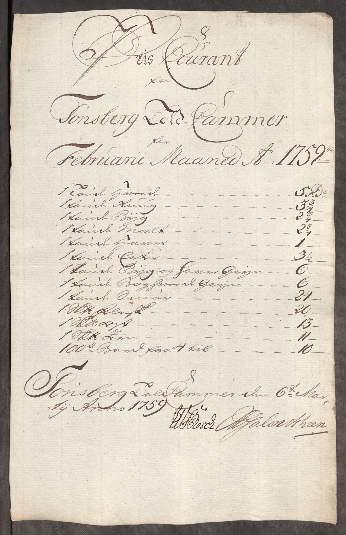 Rentekammeret inntil 1814, Realistisk ordnet avdeling, RA/EA-4070/Oe/L0006: [Ø1]: Priskuranter, 1758-1760, s. 496