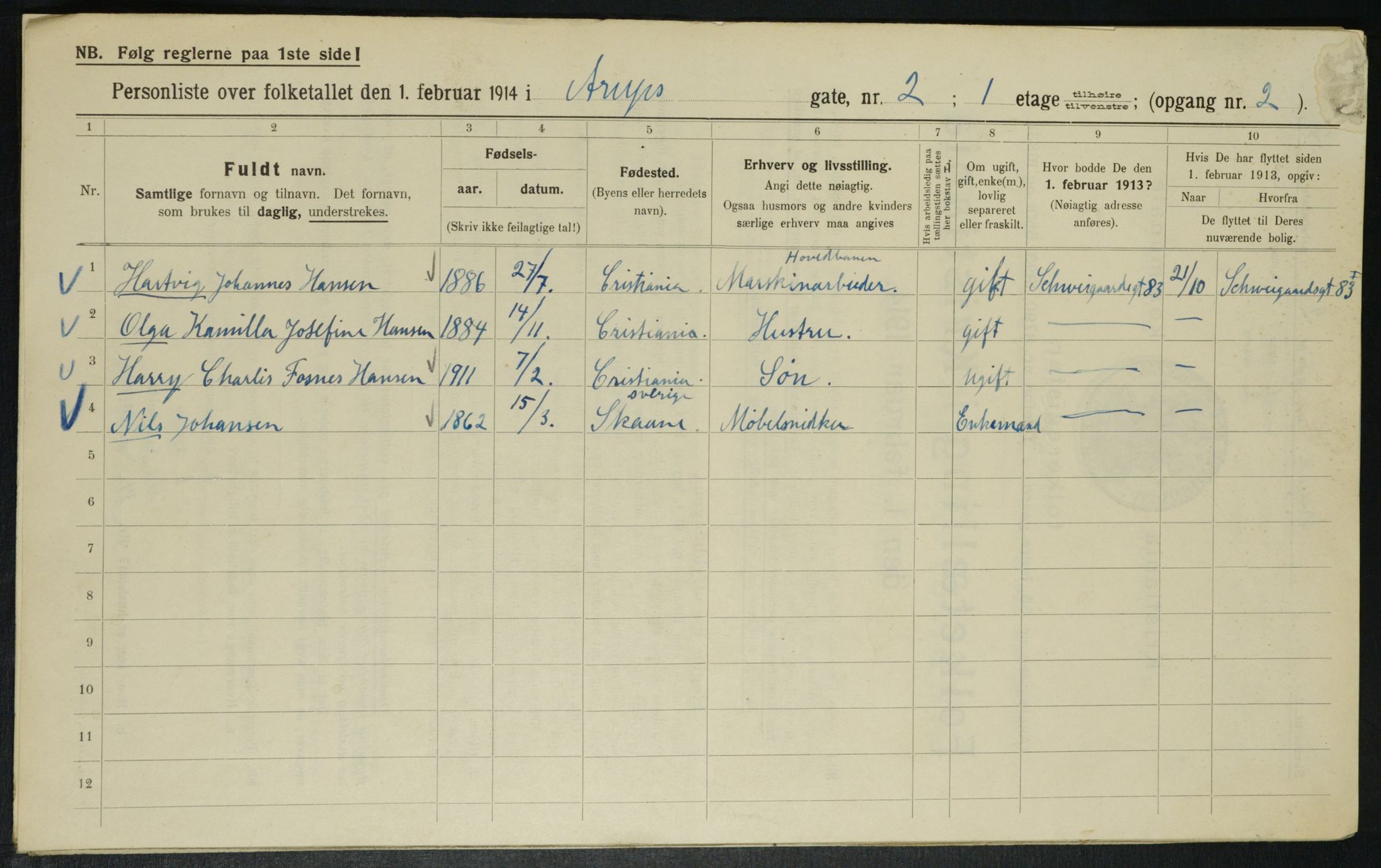 OBA, Kommunal folketelling 1.2.1914 for Kristiania, 1914, s. 2166