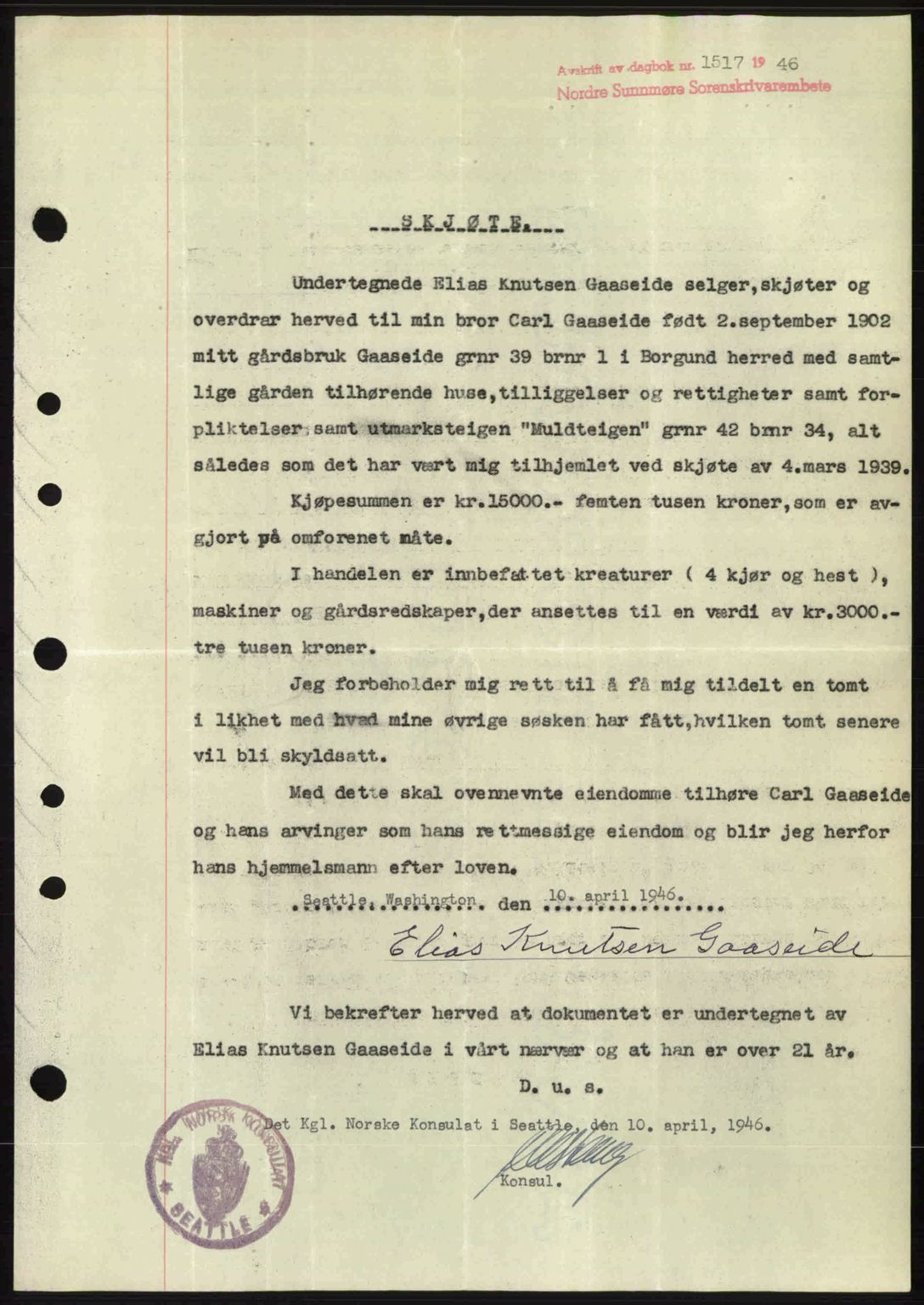 Nordre Sunnmøre sorenskriveri, SAT/A-0006/1/2/2C/2Ca: Pantebok nr. A22, 1946-1946, Dagboknr: 1517/1946
