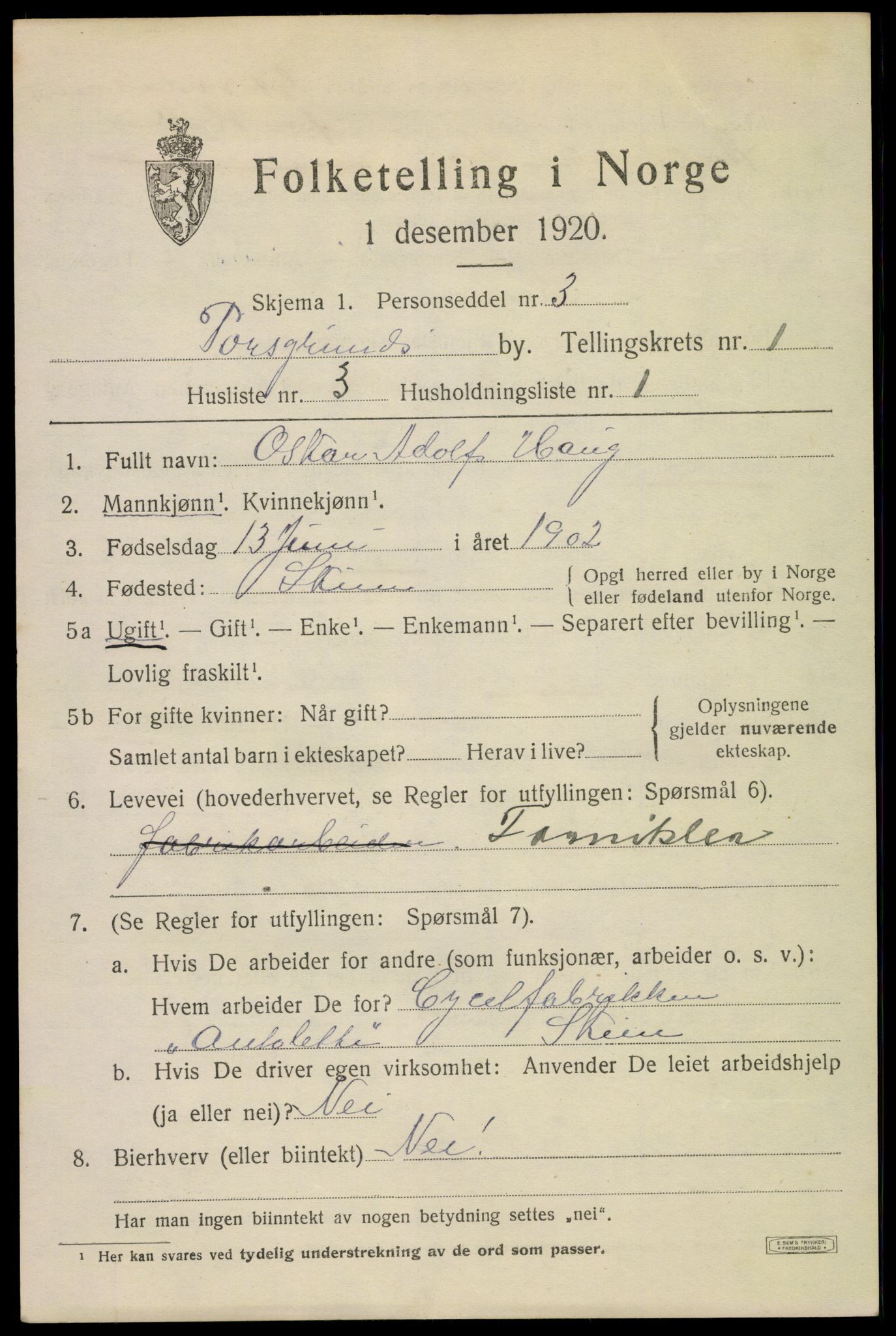 SAKO, Folketelling 1920 for 0805 Porsgrunn kjøpstad, 1920, s. 7127