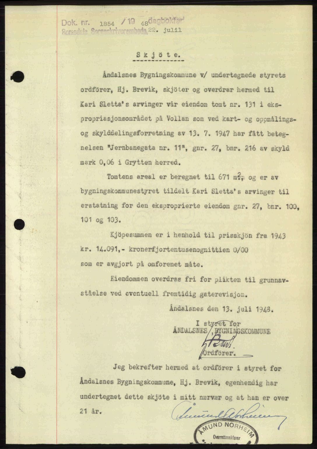 Romsdal sorenskriveri, SAT/A-4149/1/2/2C: Pantebok nr. A26, 1948-1948, Dagboknr: 1854/1948