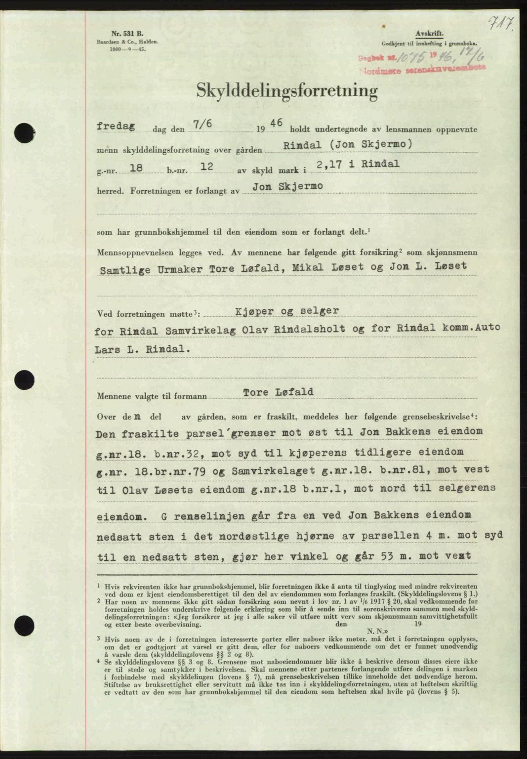 Nordmøre sorenskriveri, AV/SAT-A-4132/1/2/2Ca: Pantebok nr. A101, 1946-1946, Dagboknr: 1075/1946