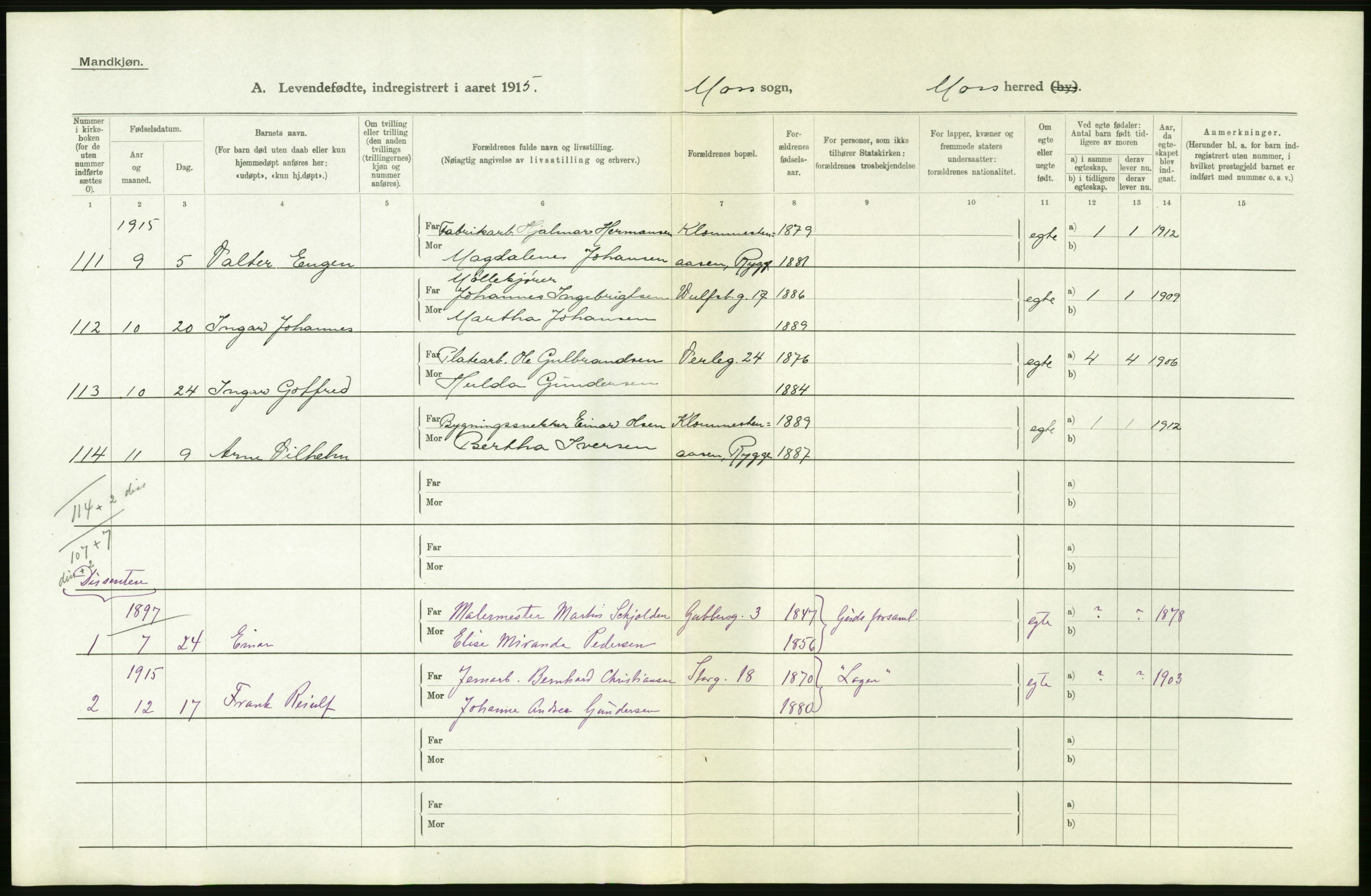 Statistisk sentralbyrå, Sosiodemografiske emner, Befolkning, AV/RA-S-2228/D/Df/Dfb/Dfbe/L0002: Smålenenes amt: Levendefødte menn og kvinner. Byer, samt gifte. Bygder og byer., 1915, s. 164