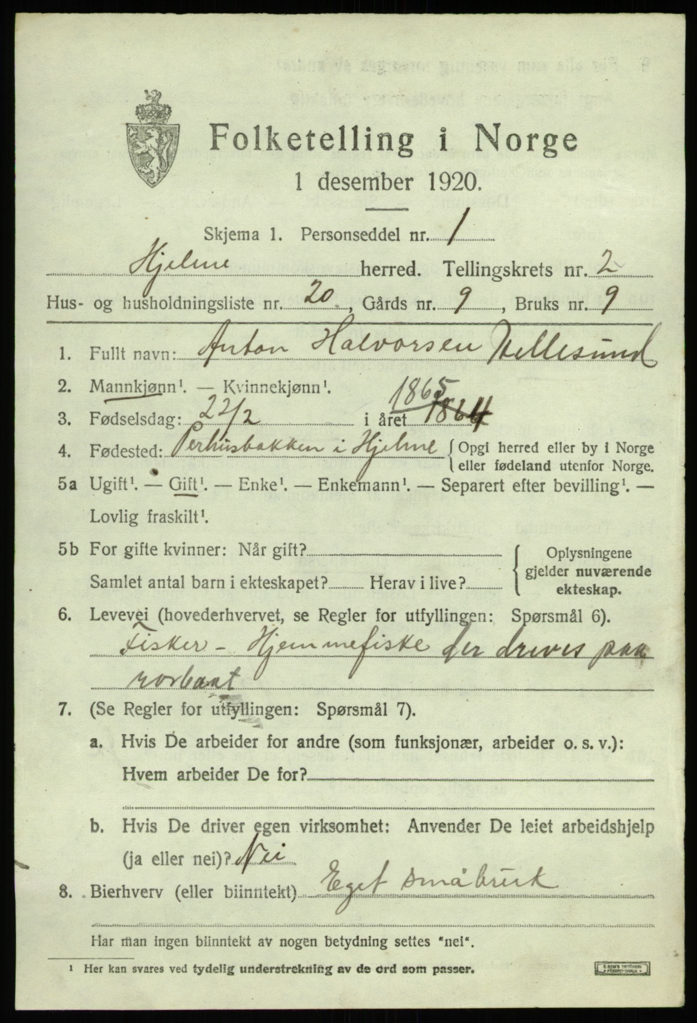 SAB, Folketelling 1920 for 1259 Hjelme herred, 1920, s. 1318