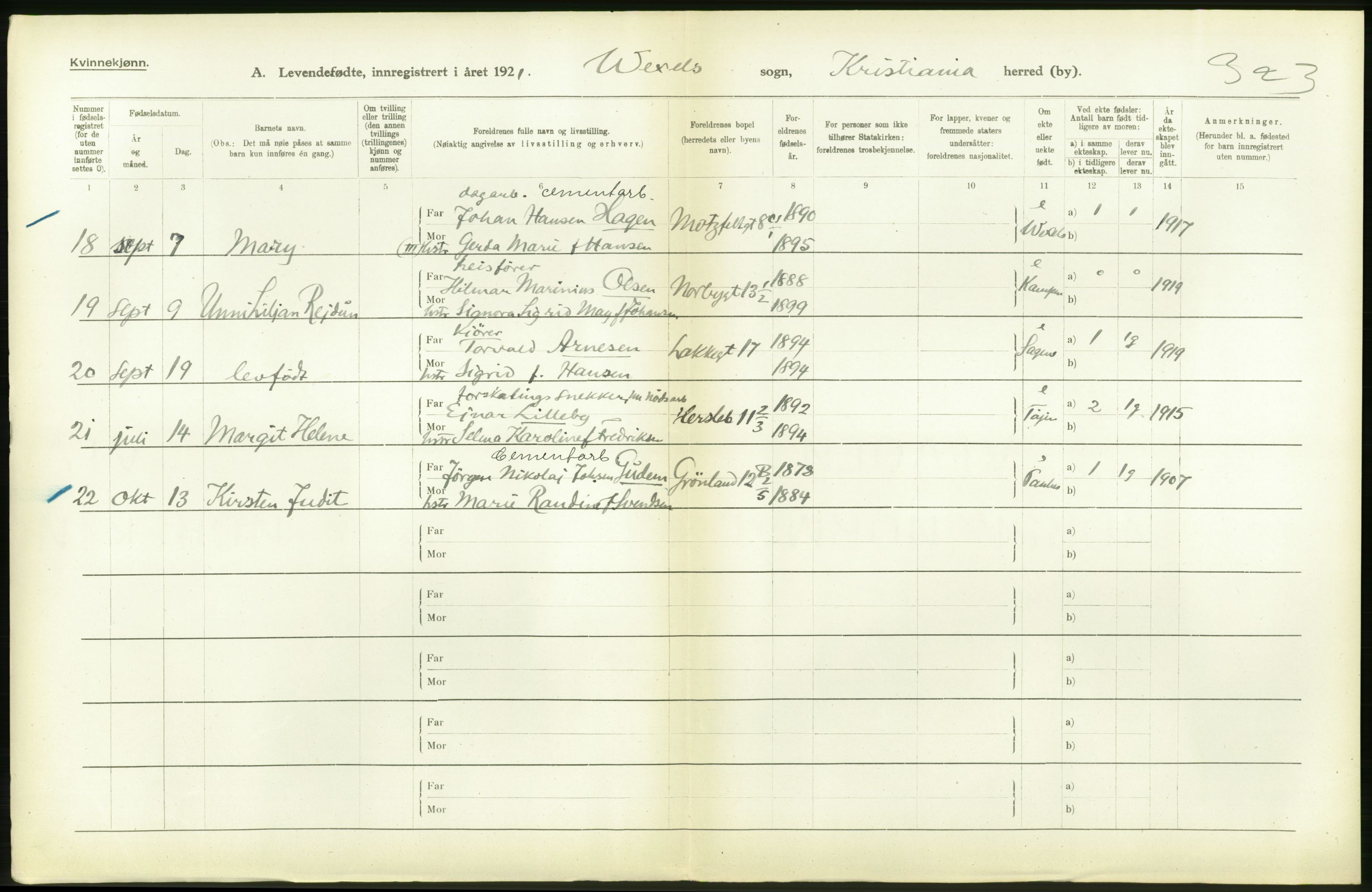 Statistisk sentralbyrå, Sosiodemografiske emner, Befolkning, AV/RA-S-2228/D/Df/Dfc/Dfca/L0009: Kristiania: Levendefødte menn og kvinner., 1921, s. 74