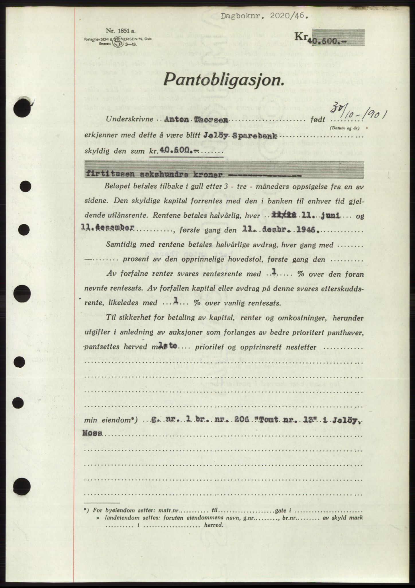 Moss sorenskriveri, SAO/A-10168: Pantebok nr. B15, 1946-1946, Dagboknr: 2020/1946