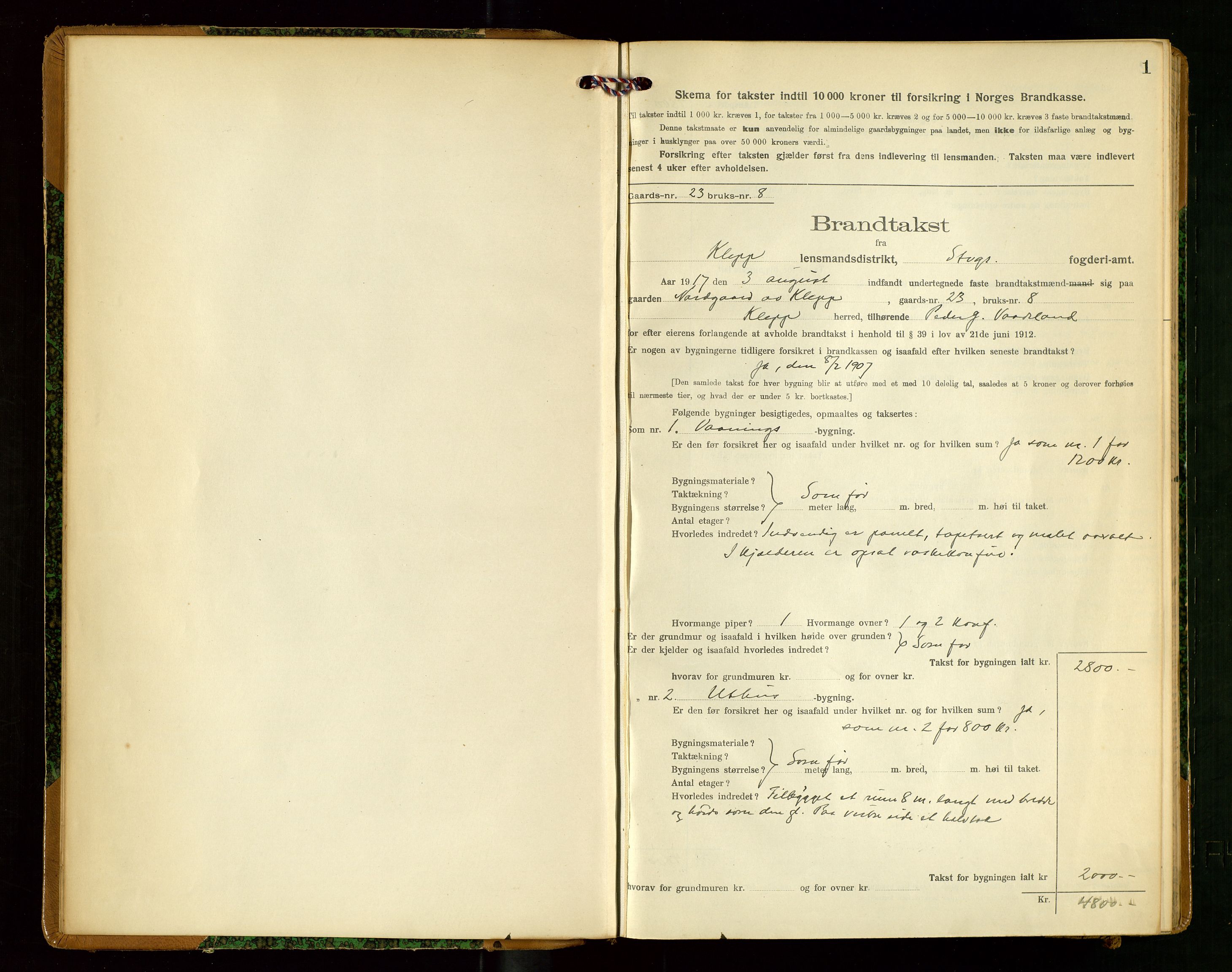 Klepp lensmannskontor, AV/SAST-A-100163/Goc/L0009: "Brandtakstprotokol" m/register, 1917-1919, s. 1