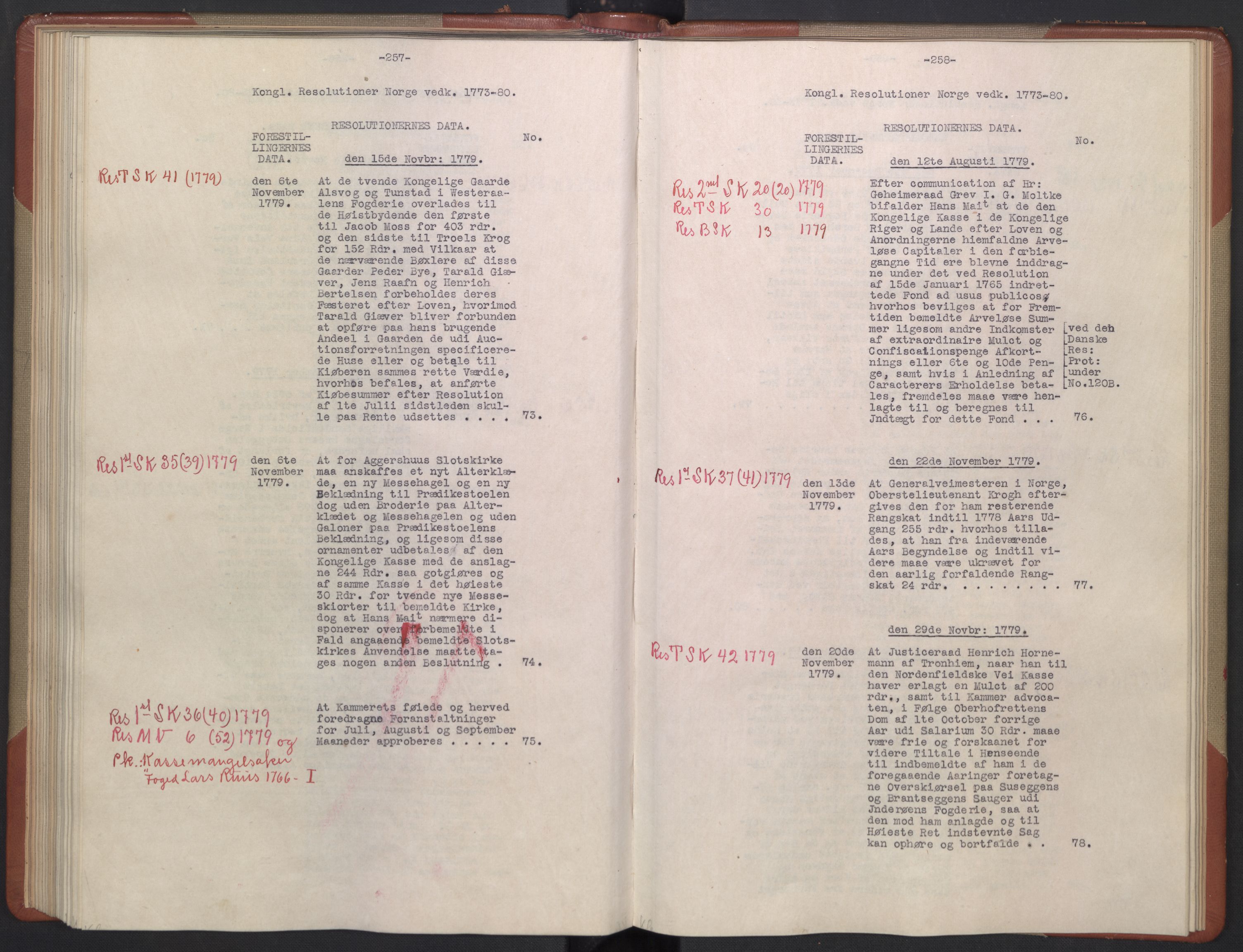 Avskriftsamlingen, AV/RA-EA-4022/F/Fb/L0122: Registratur over norske Relasjons- og resolusjonsprotokoller, 1773-1780, s. 87