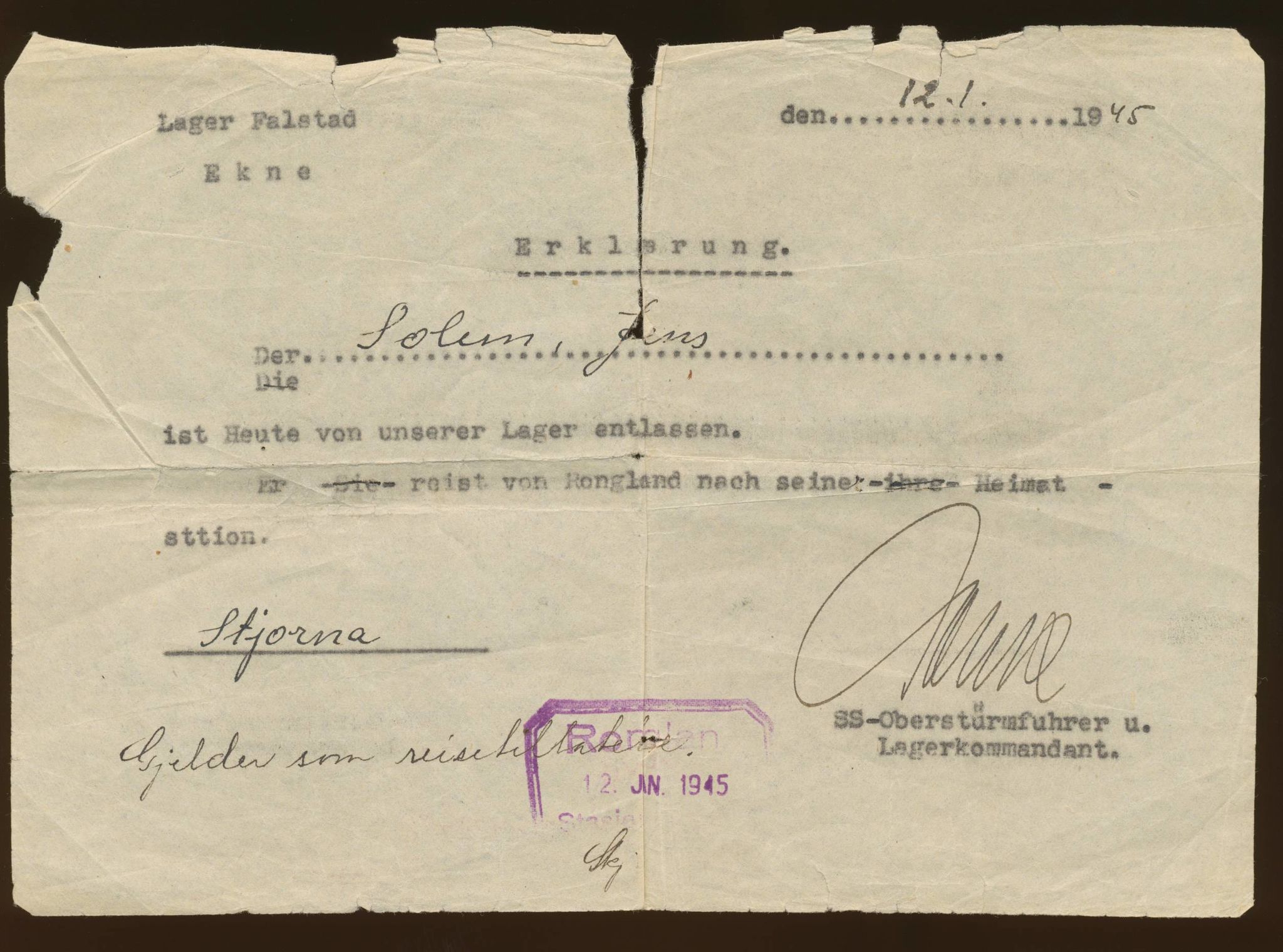 Falstadsenteret, dokumentsamling, FSM/A-001/F/L0442: Solem, Jens (f. 1924), 1945, s. 1