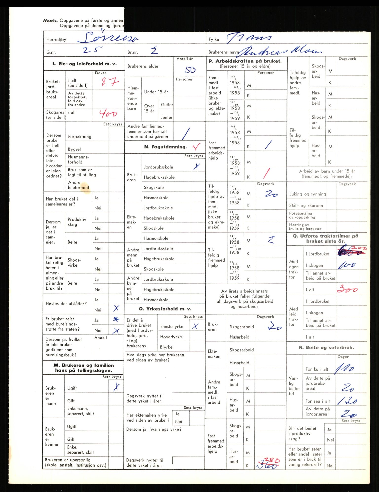 Statistisk sentralbyrå, Næringsøkonomiske emner, Jordbruk, skogbruk, jakt, fiske og fangst, AV/RA-S-2234/G/Gd/L0656: Troms: 1924 Målselv (kl. 0-3) og 1925 Sørreisa, 1959, s. 2106