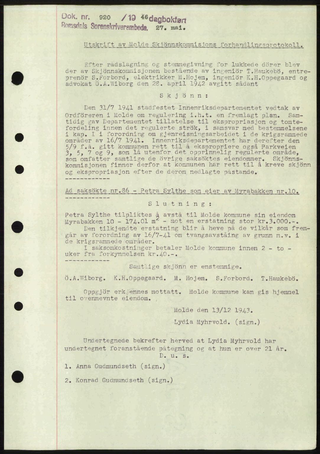 Romsdal sorenskriveri, SAT/A-4149/1/2/2C: Pantebok nr. A19, 1946-1946, Dagboknr: 920/1946