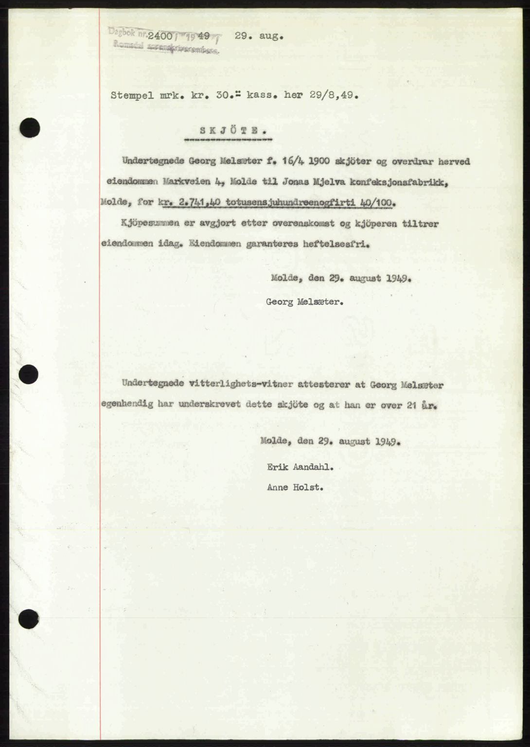 Romsdal sorenskriveri, SAT/A-4149/1/2/2C: Pantebok nr. A30, 1949-1949, Dagboknr: 2400/1949