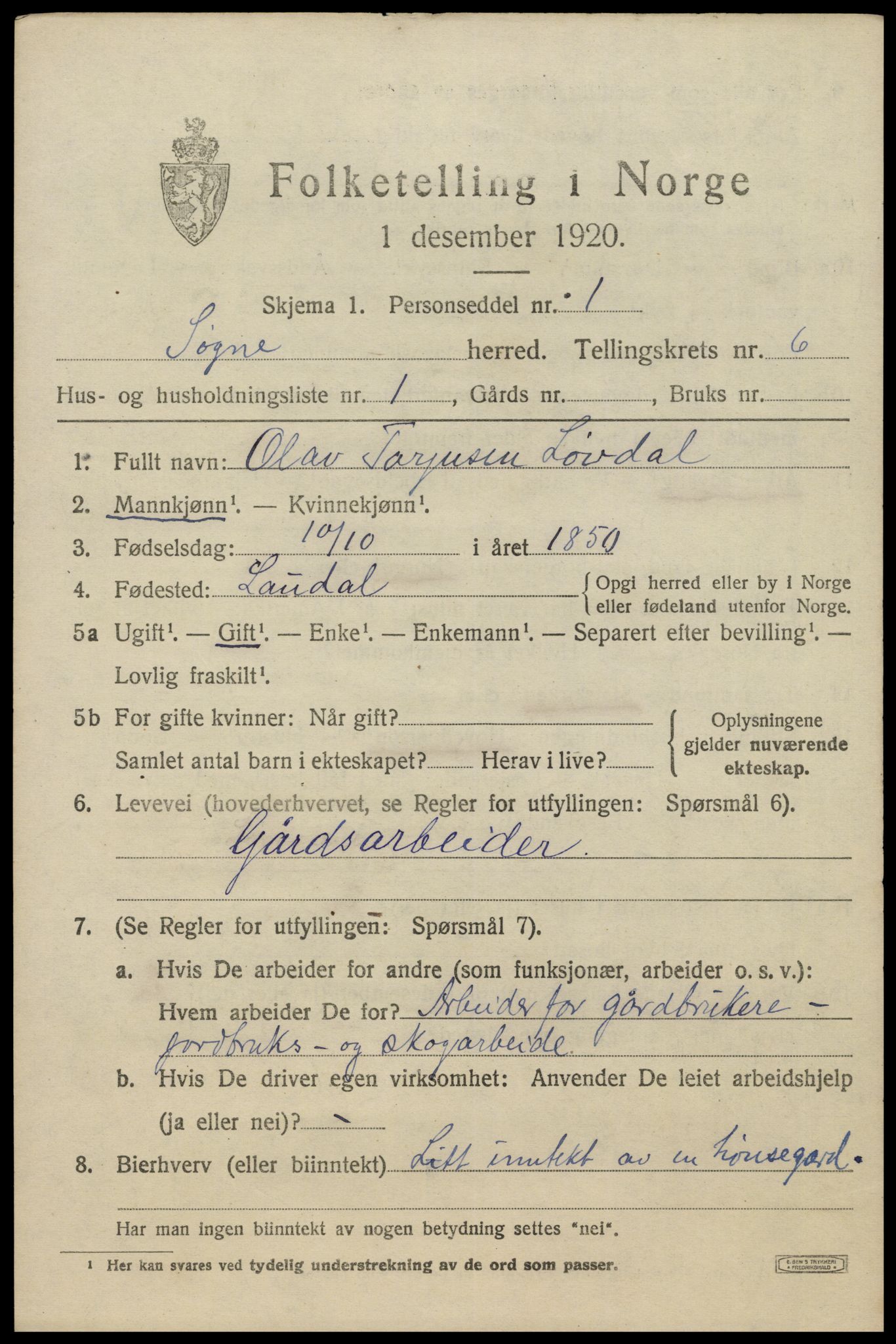 SAK, Folketelling 1920 for 1018 Søgne herred, 1920, s. 2775