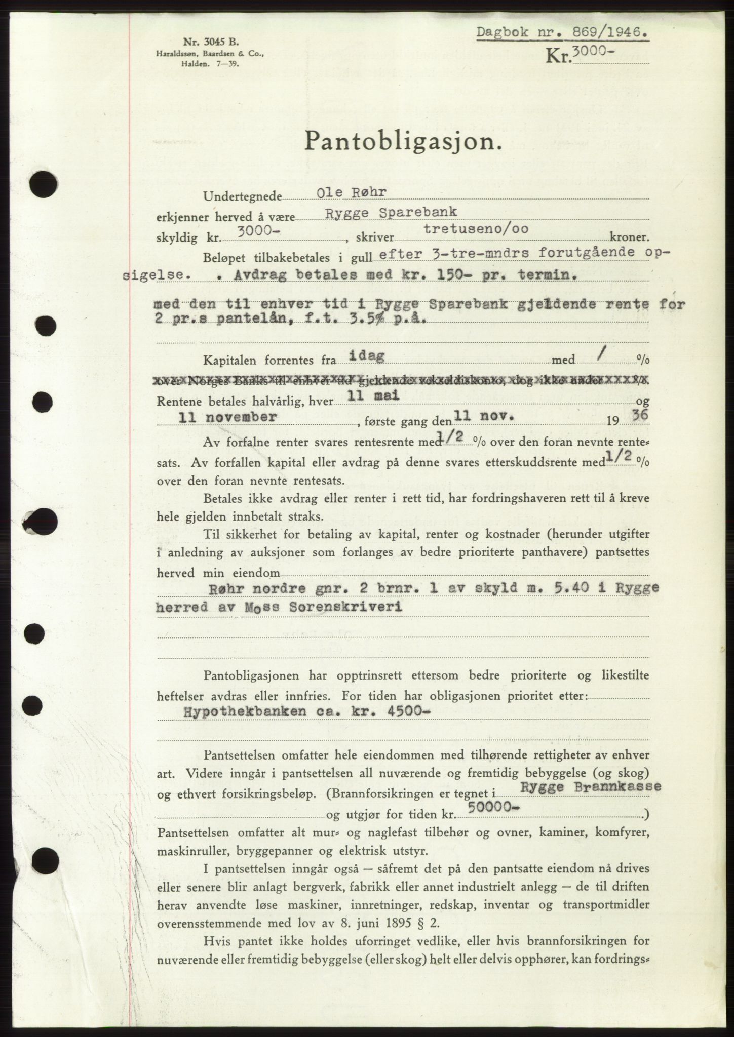 Moss sorenskriveri, SAO/A-10168: Pantebok nr. B15, 1946-1946, Dagboknr: 869/1946