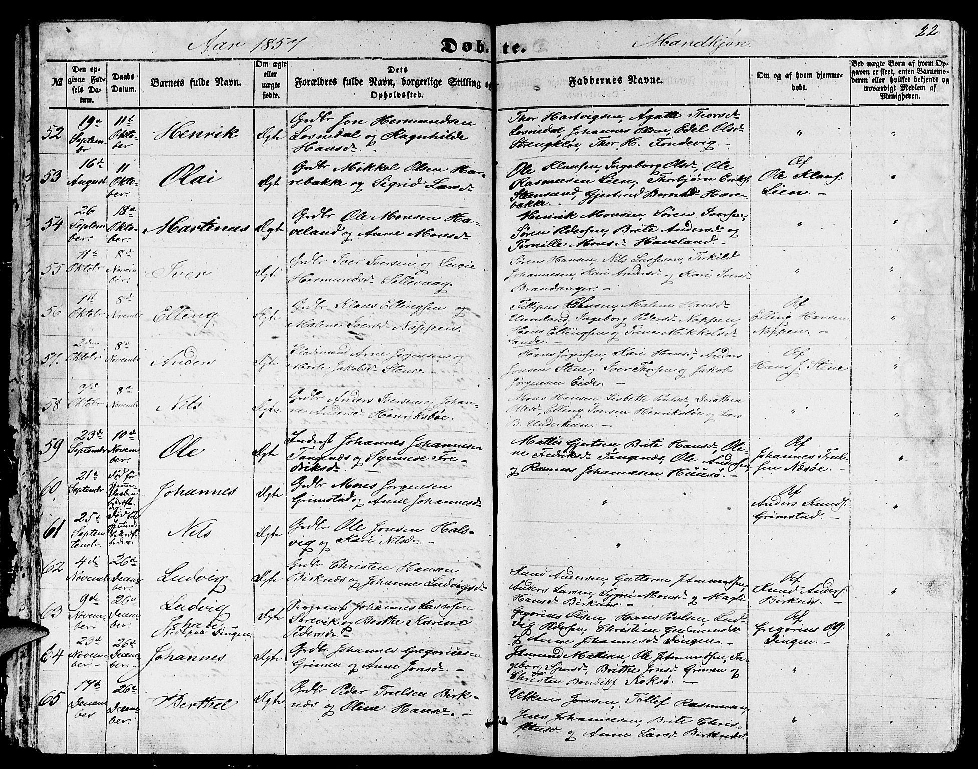 Gulen sokneprestembete, AV/SAB-A-80201/H/Hab/Habb/L0001: Klokkerbok nr. B 1, 1854-1866, s. 22