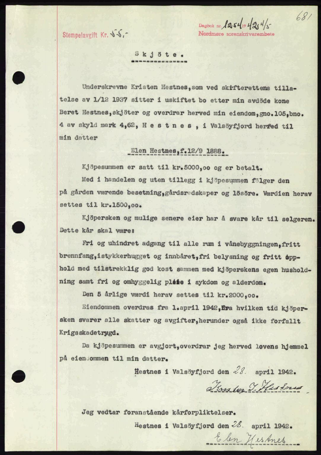 Nordmøre sorenskriveri, SAT/A-4132/1/2/2Ca: Pantebok nr. A92, 1942-1942, Dagboknr: 1254/1942