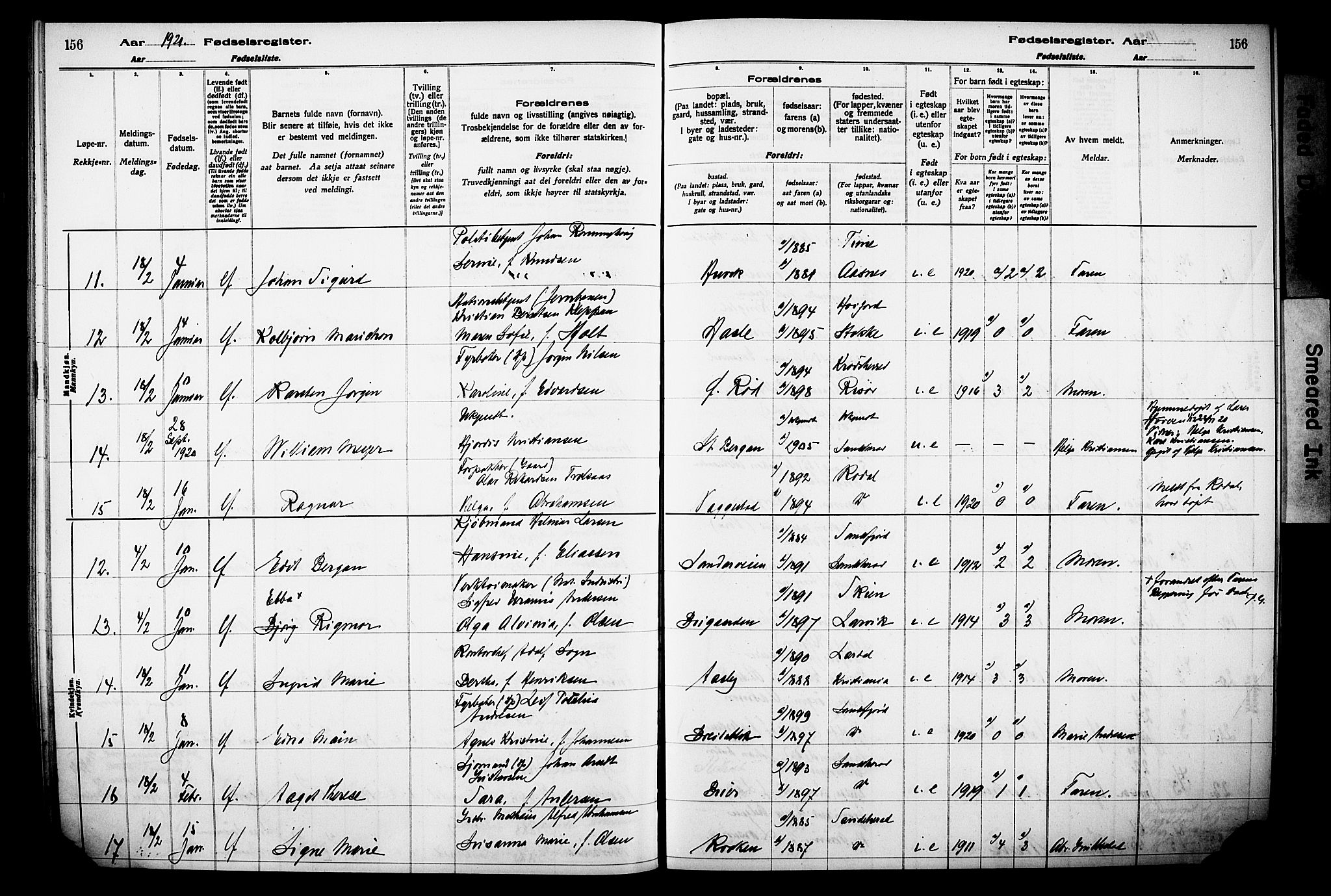 Sandar kirkebøker, AV/SAKO-A-243/J/Ja/L0001: Fødselsregister nr. 1, 1916-1922, s. 156