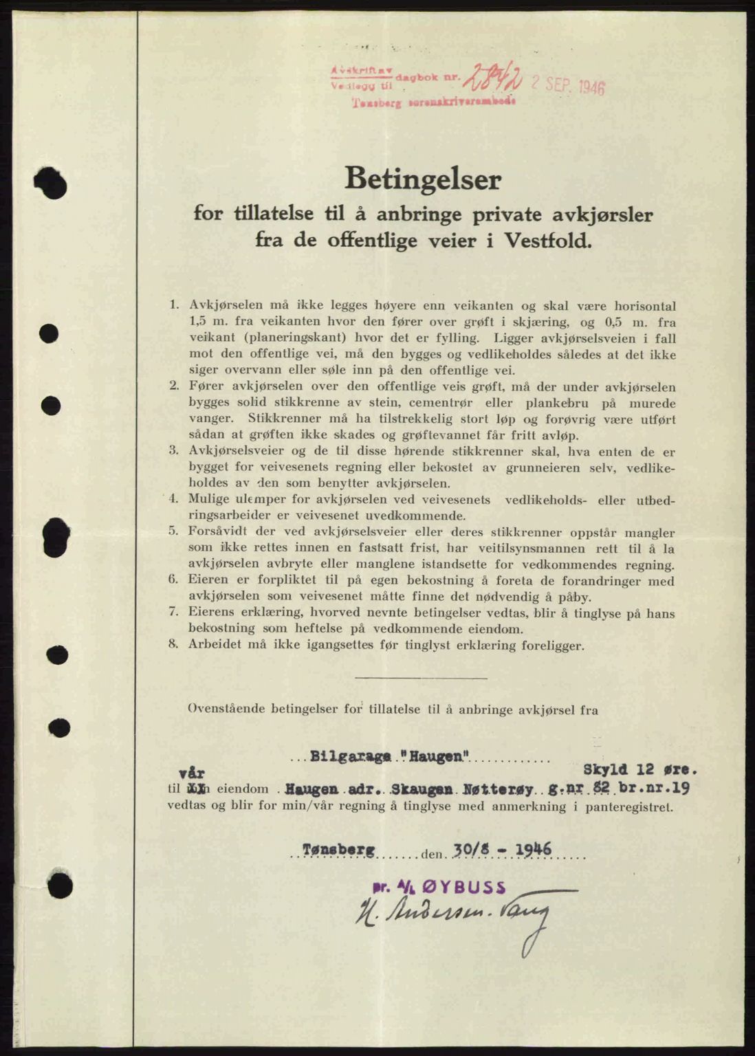 Tønsberg sorenskriveri, SAKO/A-130/G/Ga/Gaa/L0019: Pantebok nr. A19, 1946-1946, Dagboknr: 2842/1946