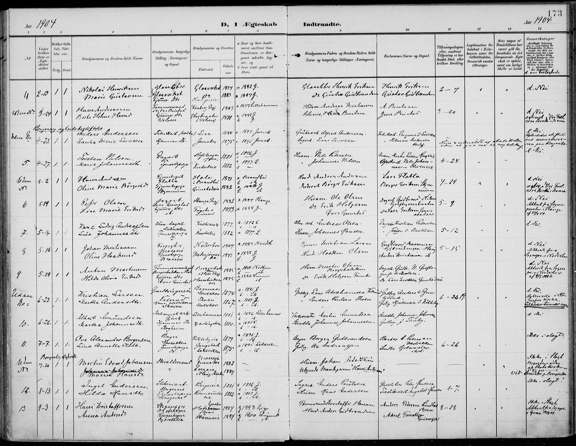 Jevnaker prestekontor, SAH/PREST-116/H/Ha/Haa/L0011: Ministerialbok nr. 11, 1902-1913, s. 173