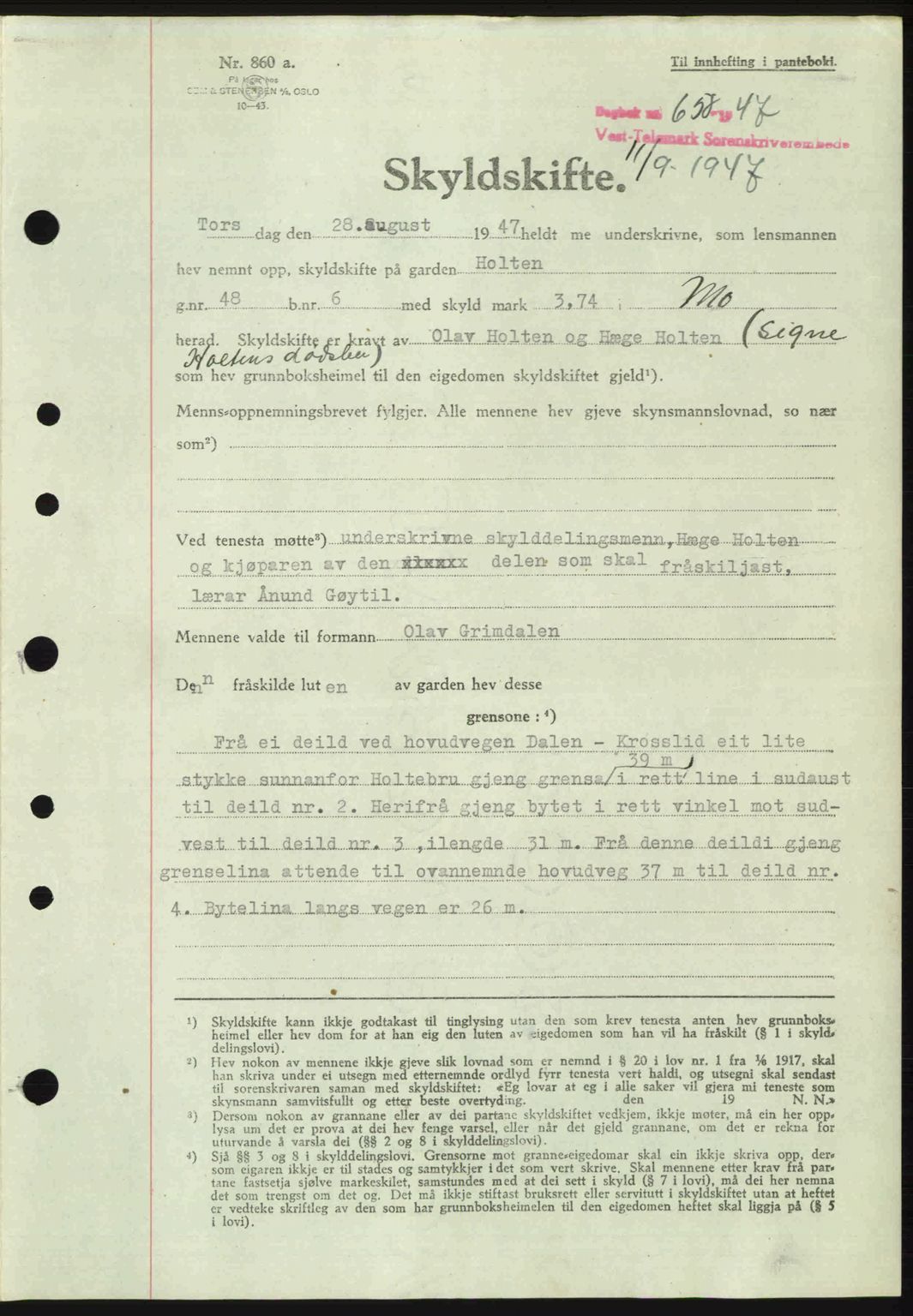 Vest-Telemark sorenskriveri, SAKO/A-134/G/Ga/Gac/L0008: Pantebok nr. A-8, 1947-1948, Dagboknr: 658/1947