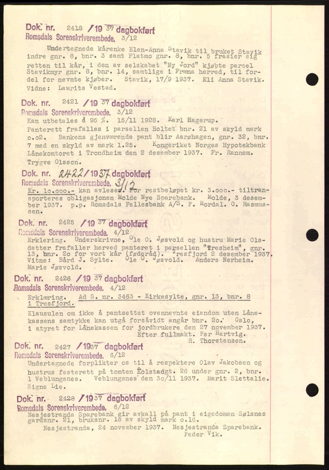 Romsdal sorenskriveri, AV/SAT-A-4149/1/2/2C: Pantebok nr. C1a, 1936-1945, Dagboknr: 2418/1937