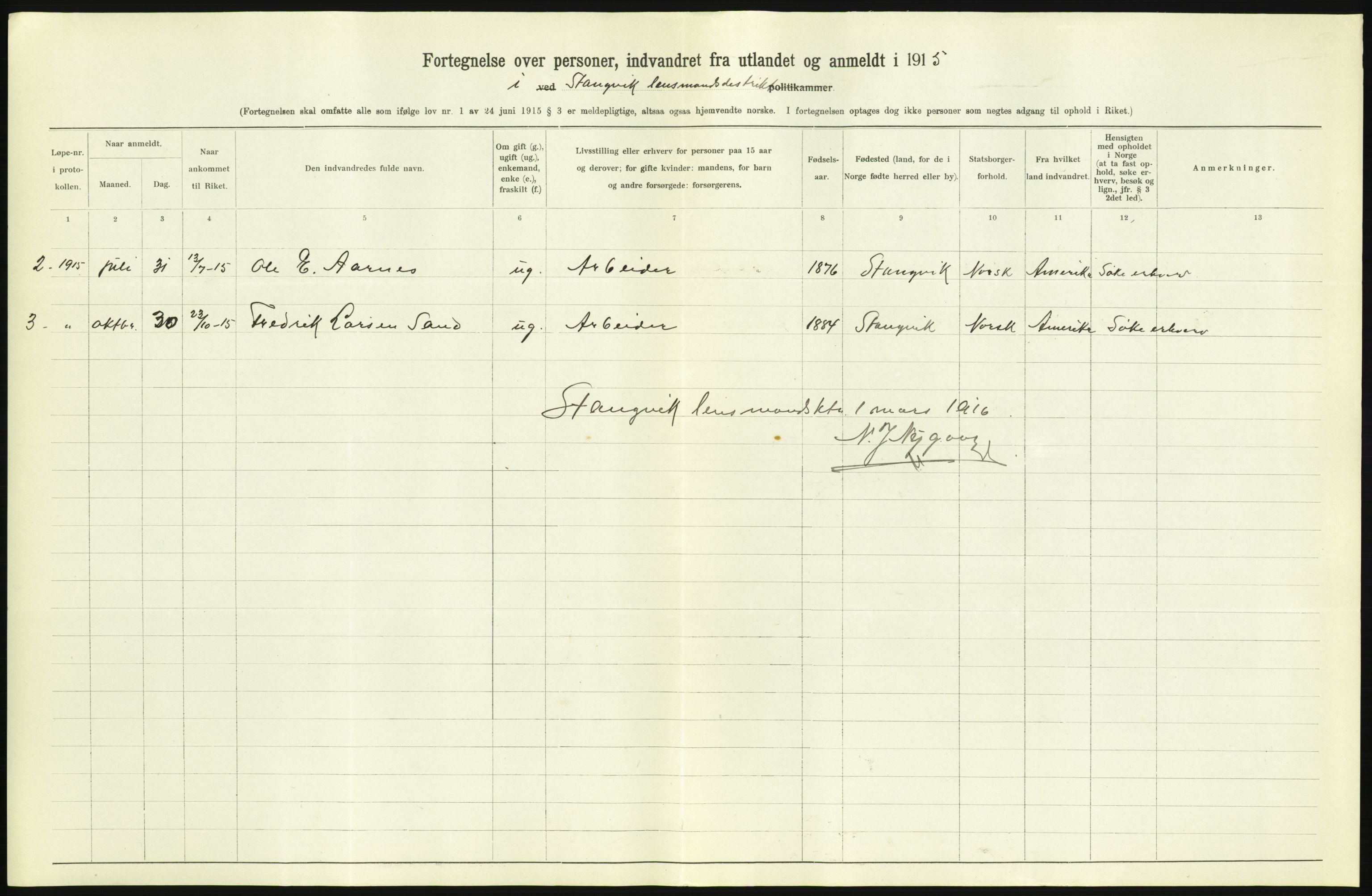 Statistisk sentralbyrå, Sosioøkonomiske emner, Folketellinger, boliger og boforhold, AV/RA-S-2231/F/Fa/L0001: Innvandring. Navn/fylkesvis, 1915, s. 492