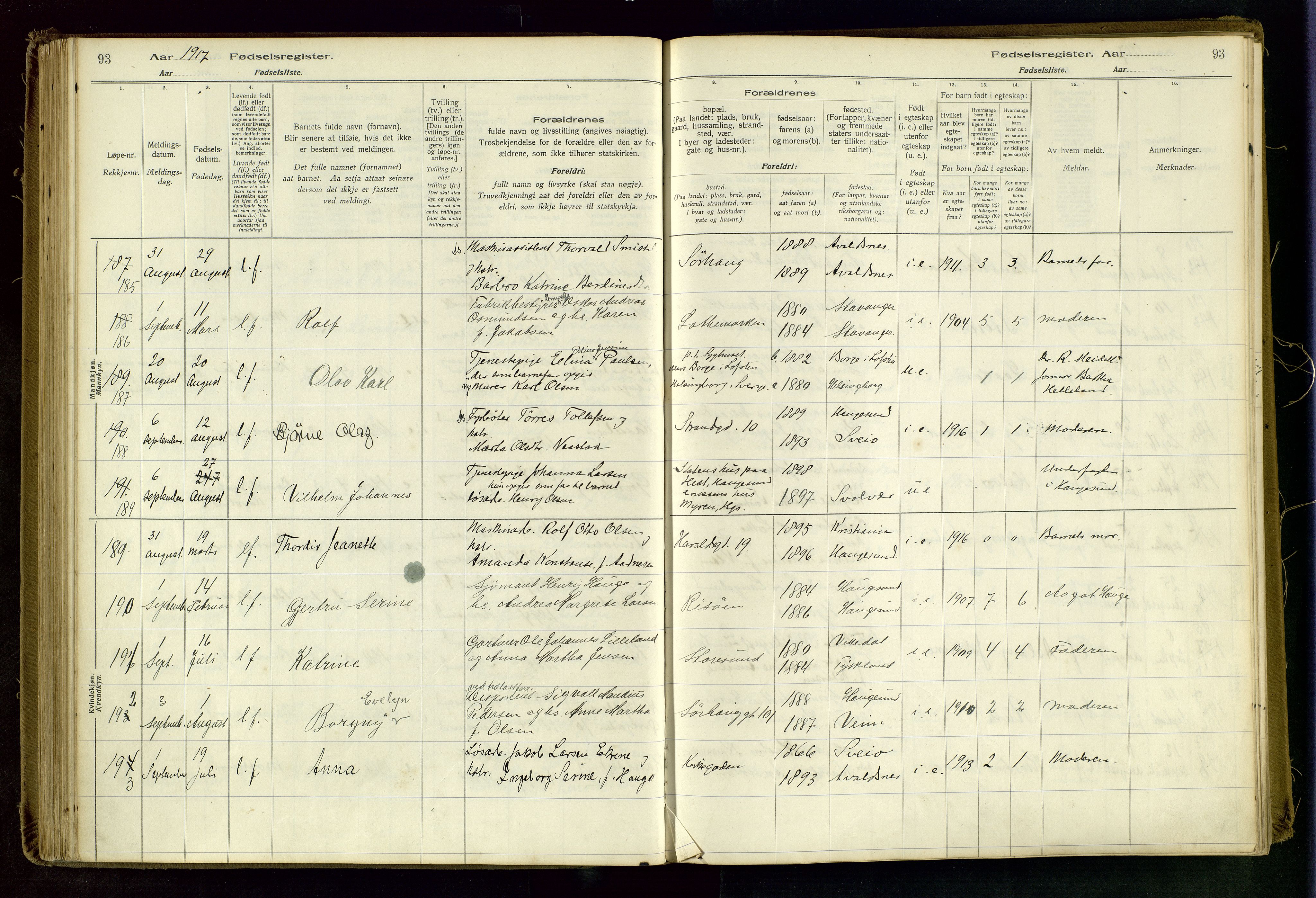 Haugesund sokneprestkontor, AV/SAST-A -101863/I/Id/L0003: Fødselsregister nr. 1, 1916-1919, s. 93