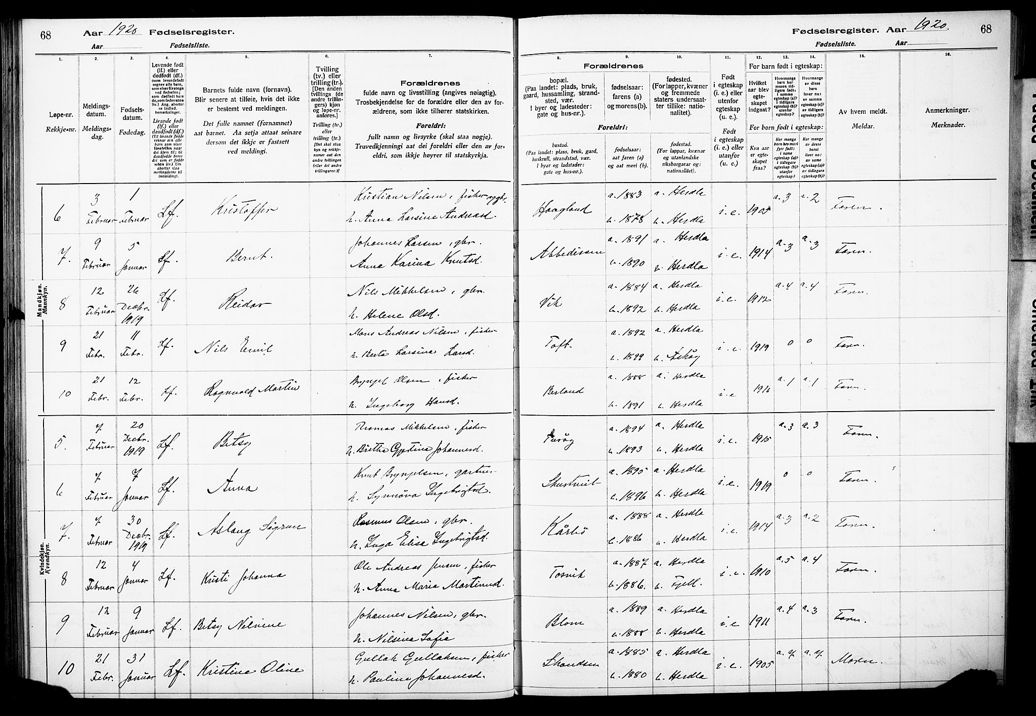 Herdla Sokneprestembete, SAB/A-75701/I/Id/L00A1: Fødselsregister nr. A 1, 1916-1929, s. 68