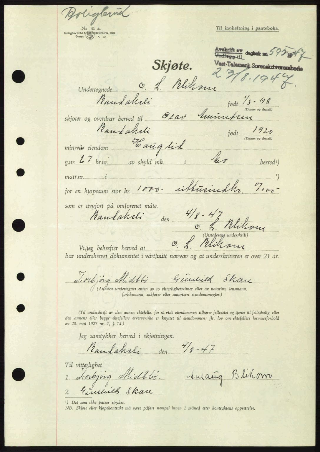 Vest-Telemark sorenskriveri, SAKO/A-134/G/Ga/Gac/L0008: Pantebok nr. A-8, 1947-1948, Dagboknr: 595/1947