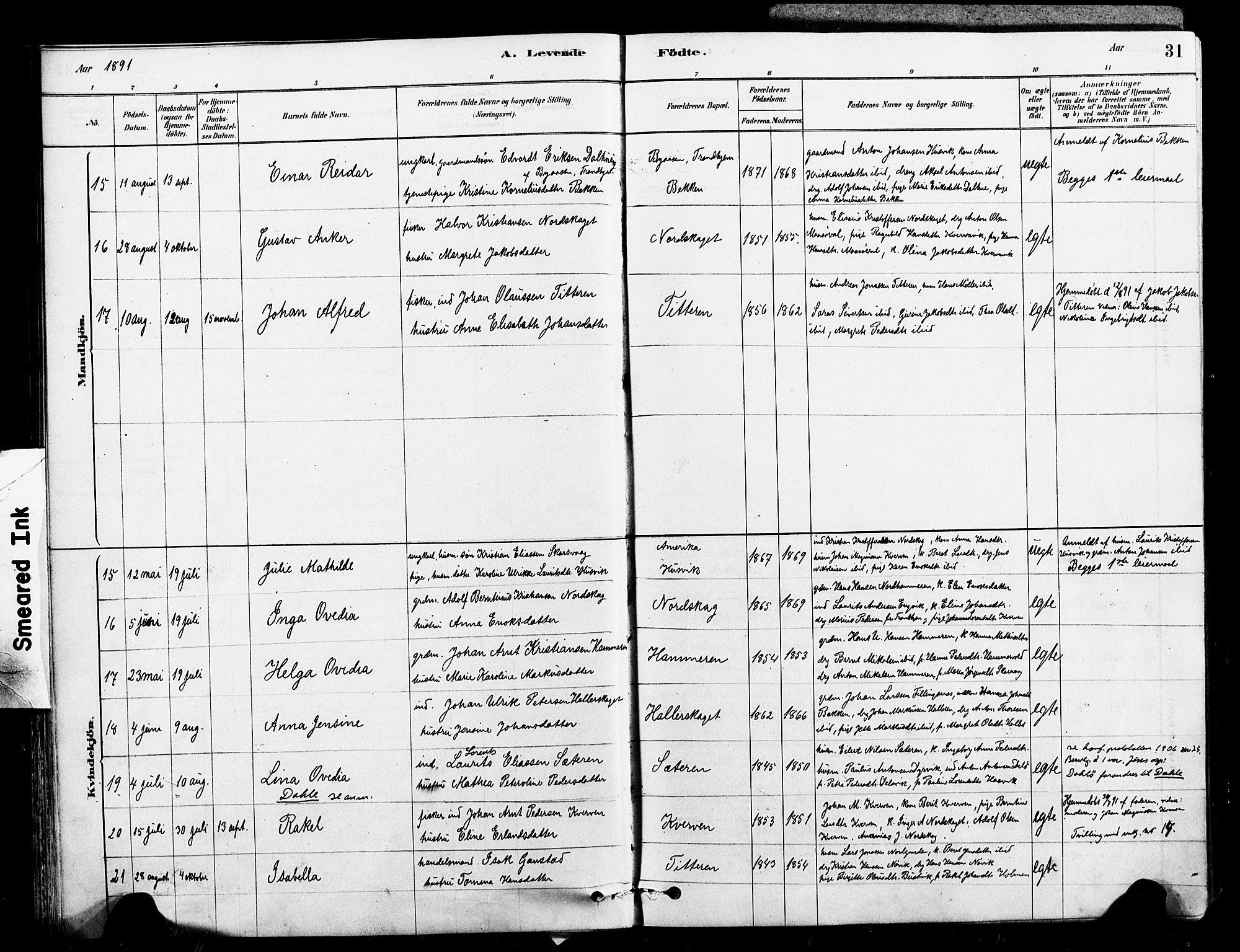 Ministerialprotokoller, klokkerbøker og fødselsregistre - Sør-Trøndelag, SAT/A-1456/641/L0595: Ministerialbok nr. 641A01, 1882-1897, s. 31