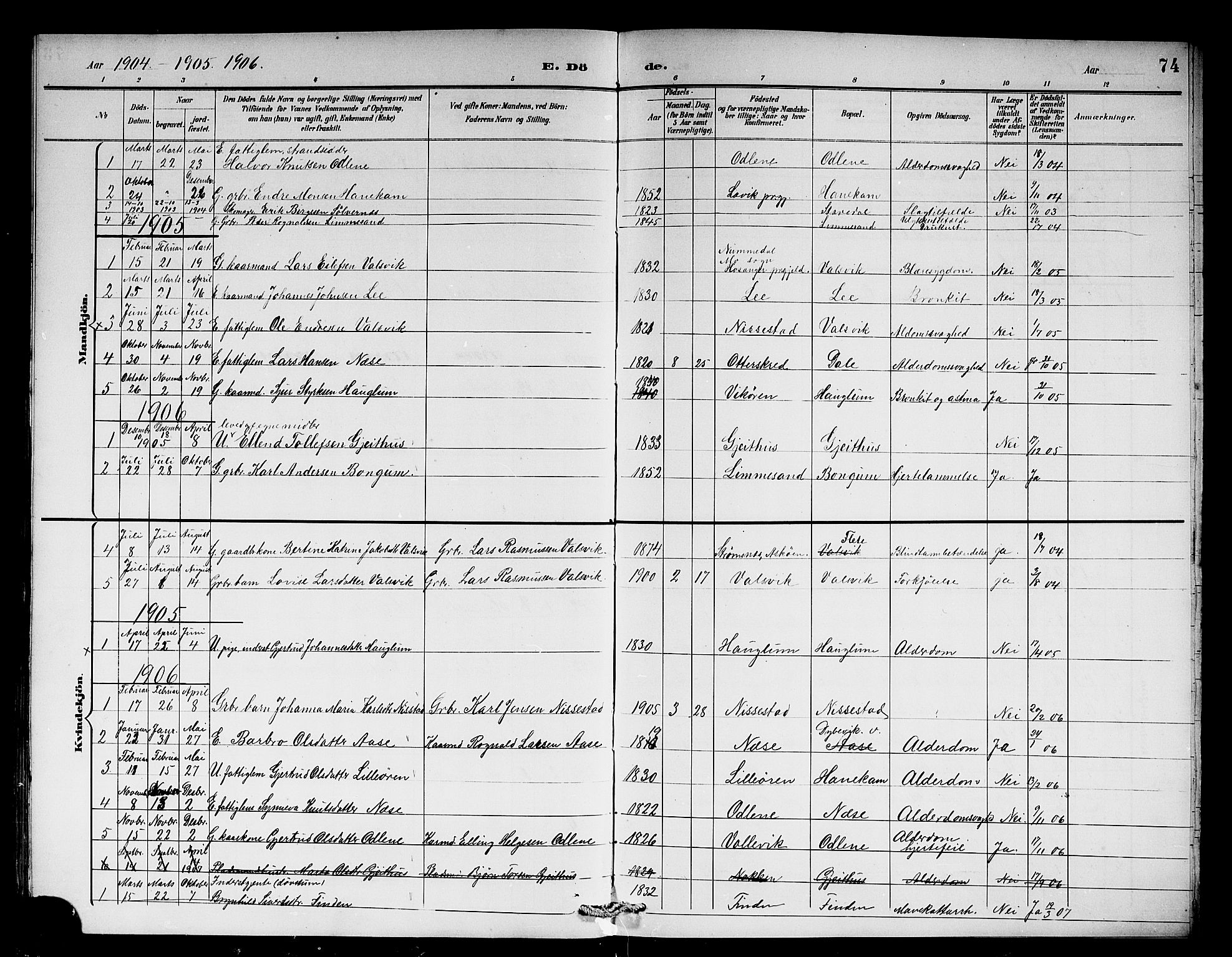 Vik sokneprestembete, AV/SAB-A-81501/H/Hab/Habb/L0003: Klokkerbok nr. B 3, 1894-1912, s. 74