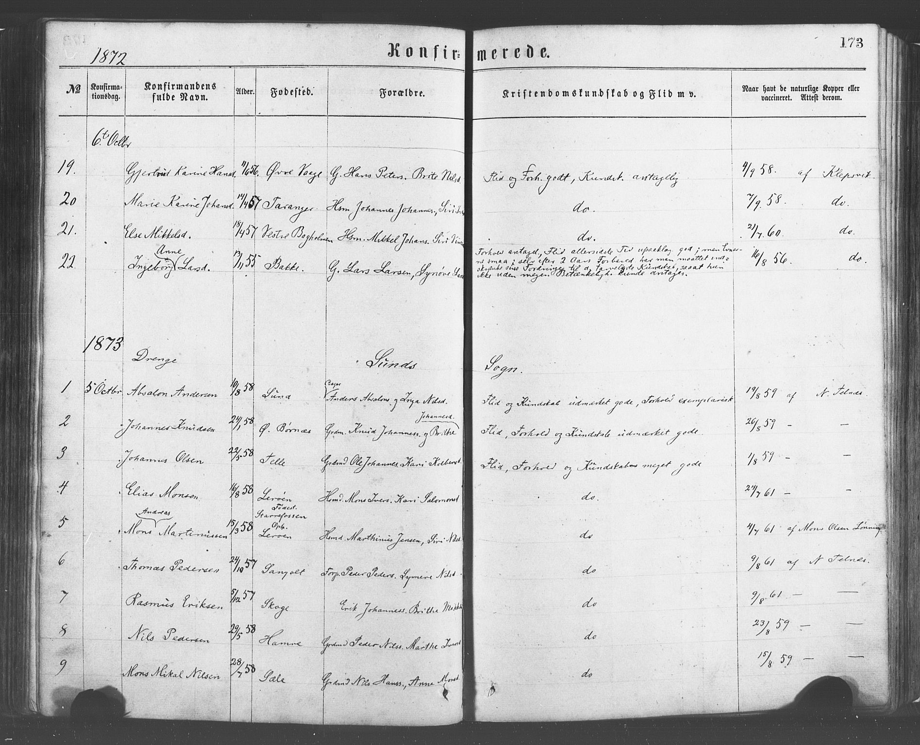 Sund sokneprestembete, AV/SAB-A-99930: Ministerialbok nr. A 15, 1867-1881, s. 173