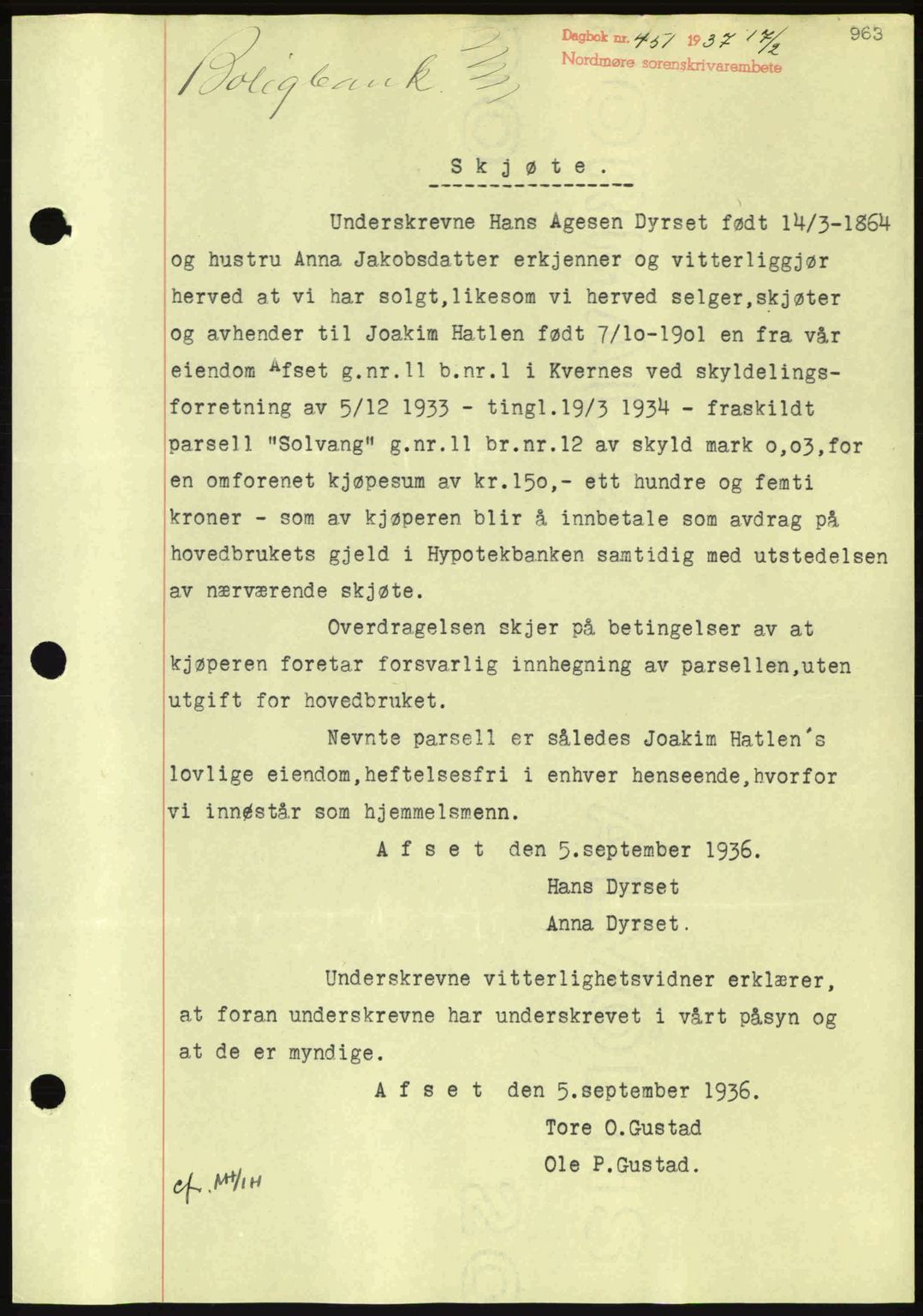 Nordmøre sorenskriveri, SAT/A-4132/1/2/2Ca: Pantebok nr. A80, 1936-1937, Dagboknr: 451/1937