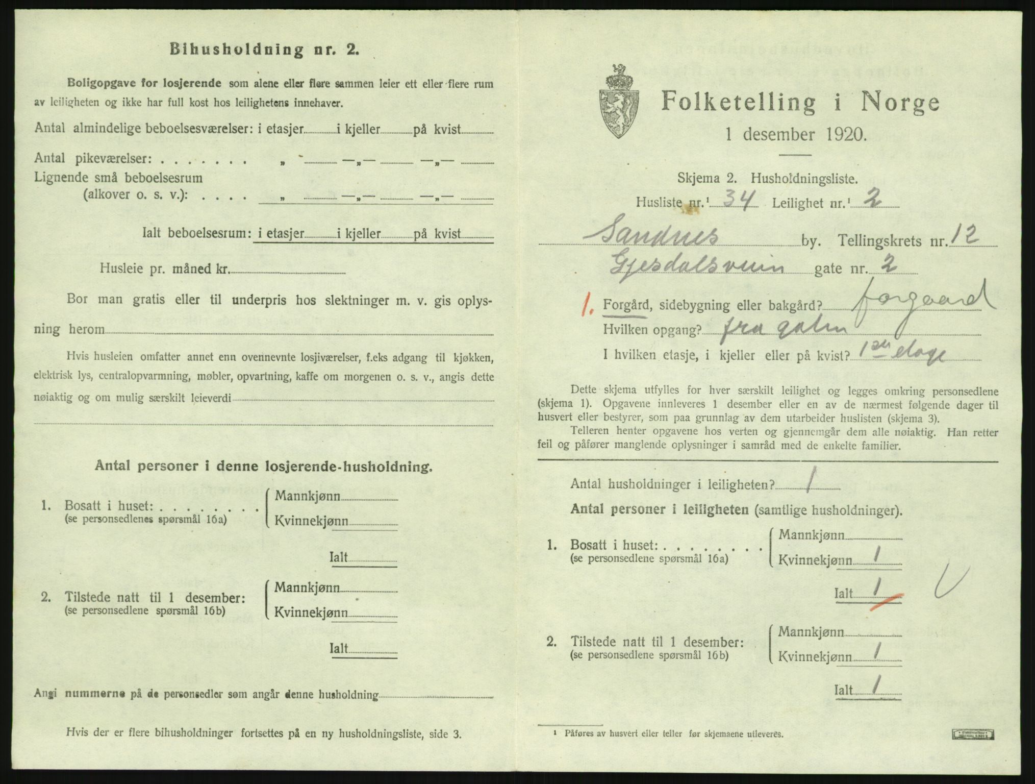 SAST, Folketelling 1920 for 1102 Sandnes ladested, 1920, s. 2488