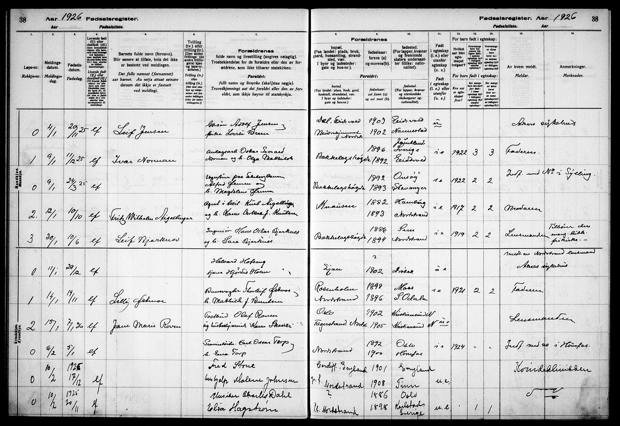 Nordstrand prestekontor Kirkebøker, AV/SAO-A-10362a/J/Ja/L0002: Fødselsregister nr. I 2, 1924-1930, s. 38