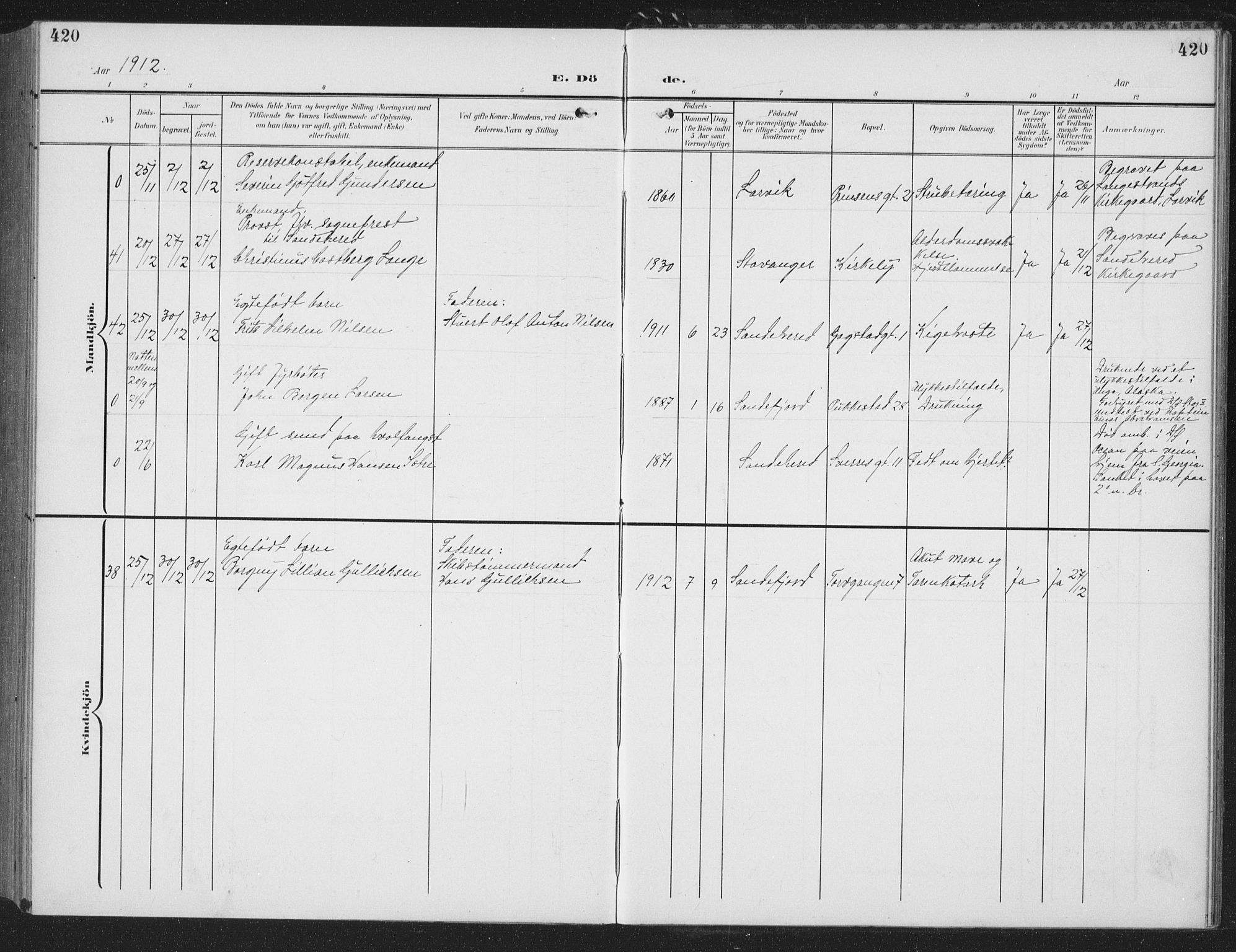 Sandefjord kirkebøker, AV/SAKO-A-315/G/Ga/L0003: Klokkerbok nr. 3, 1903-1920, s. 420