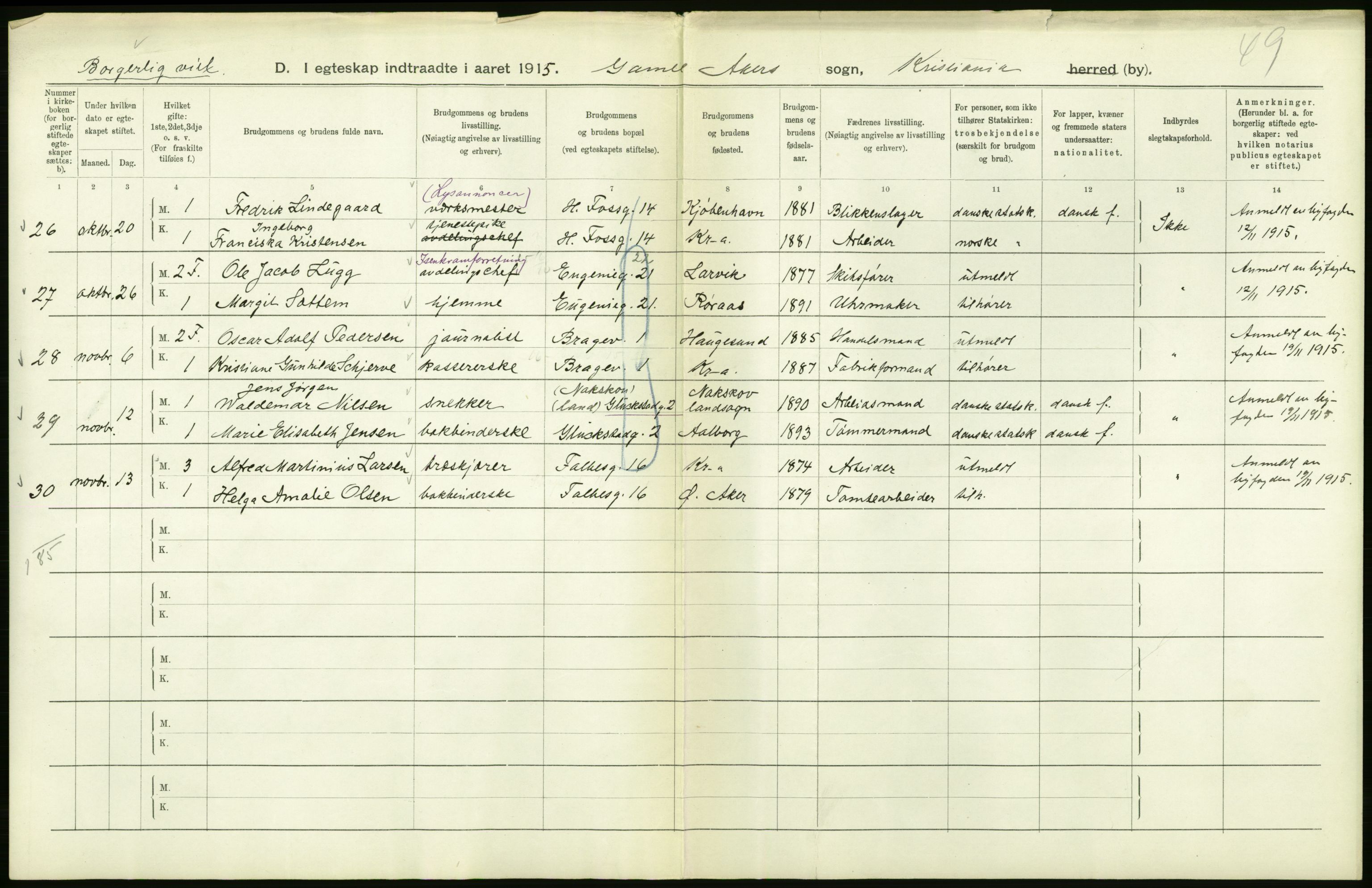 Statistisk sentralbyrå, Sosiodemografiske emner, Befolkning, RA/S-2228/D/Df/Dfb/Dfbe/L0008: Kristiania: Gifte., 1915, s. 344