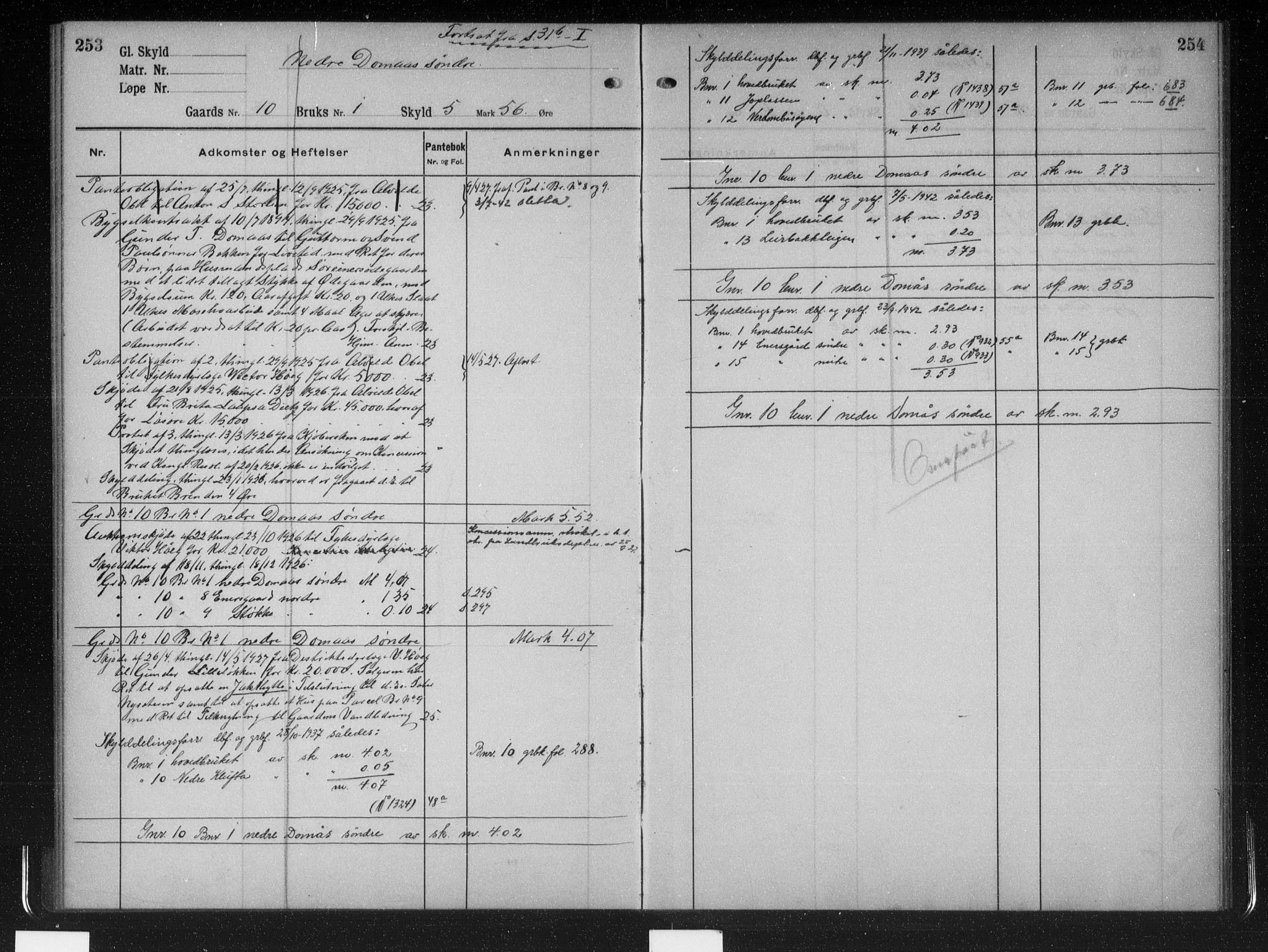 Nord-Gudbrandsdal tingrett, AV/SAH-TING-002/H/Ha/Hac/L0006: Panteregister nr. 6, 1917-1950, s. 253-254