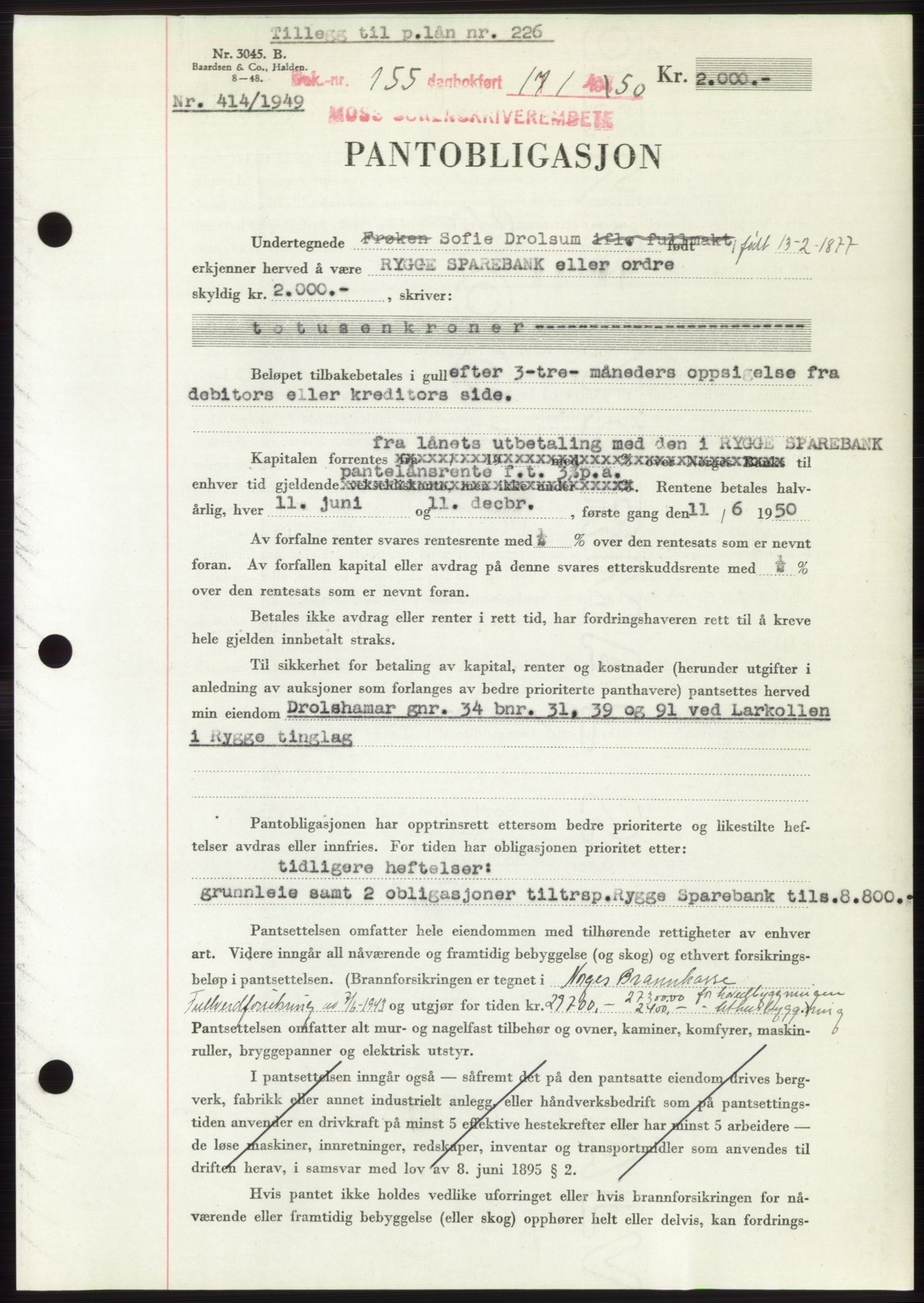Moss sorenskriveri, SAO/A-10168: Pantebok nr. B23, 1949-1950, Dagboknr: 155/1950