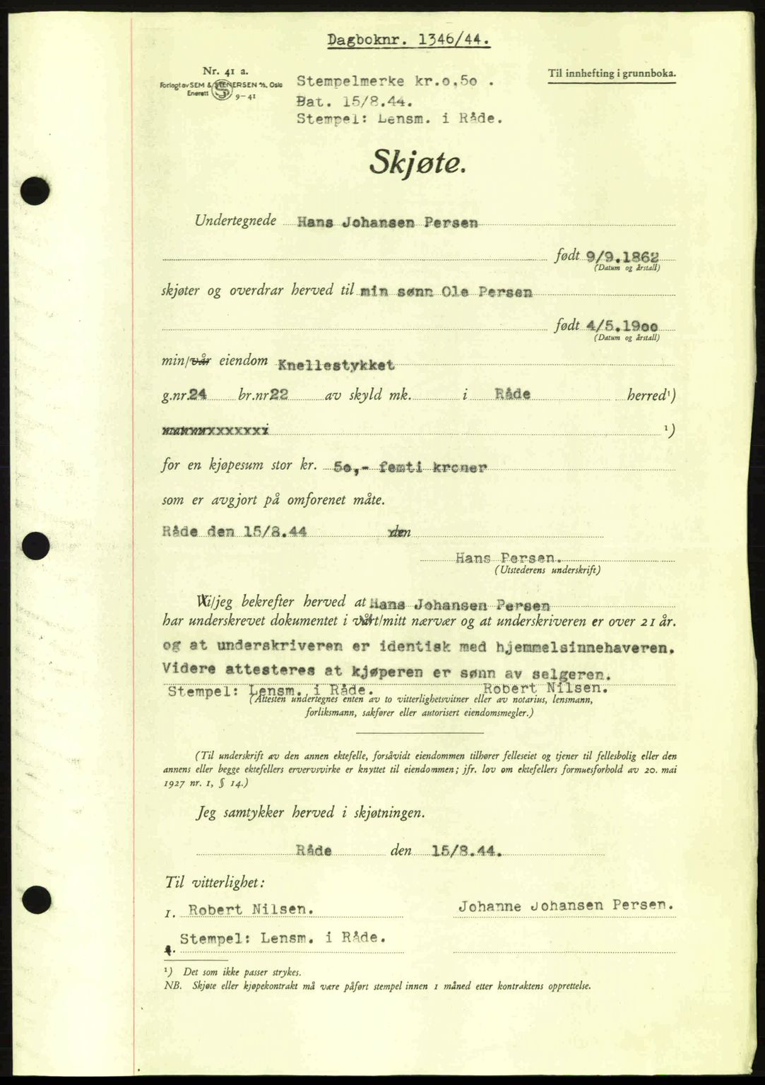 Moss sorenskriveri, SAO/A-10168: Pantebok nr. A12, 1943-1944, Dagboknr: 1346/1944