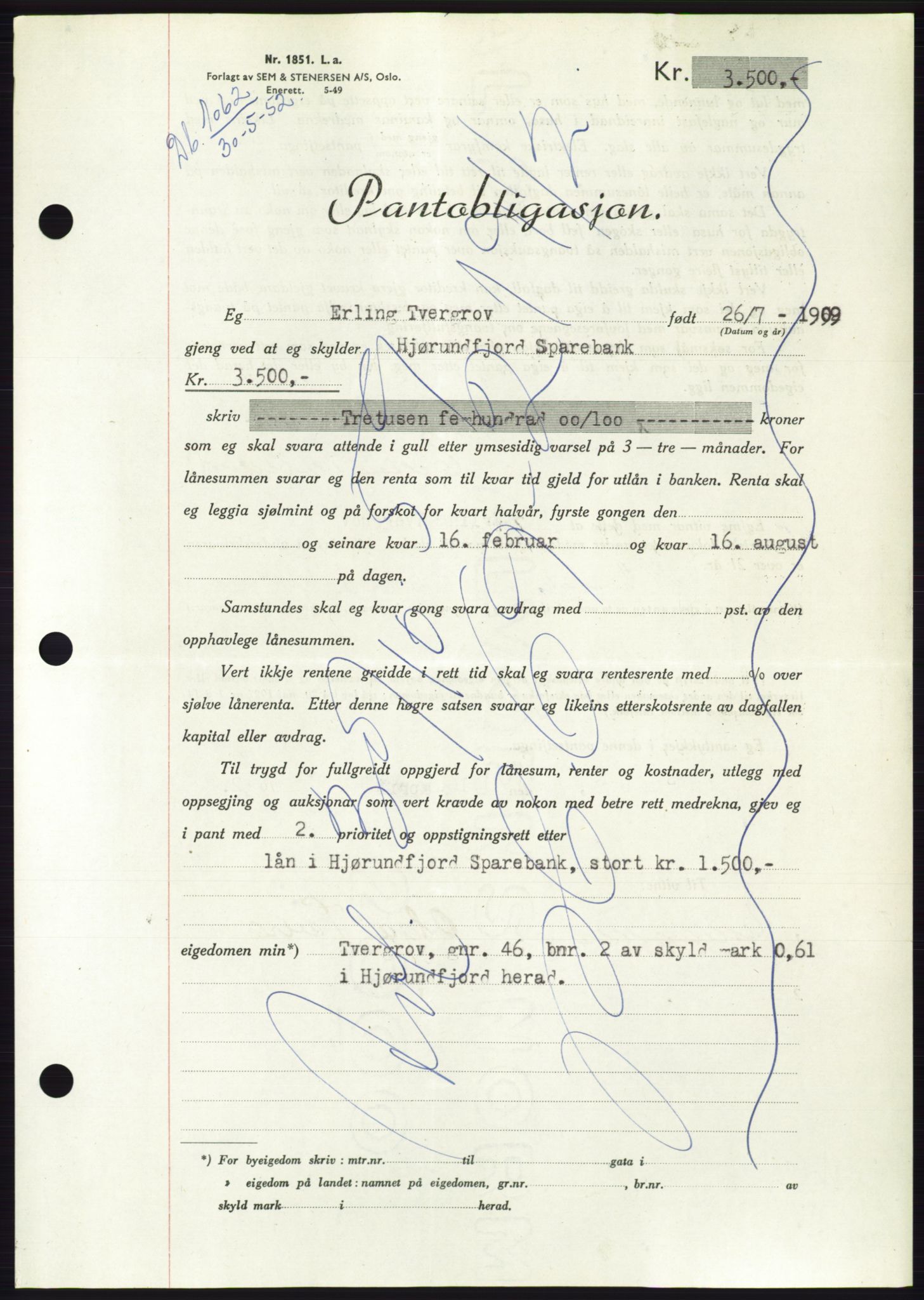 Søre Sunnmøre sorenskriveri, AV/SAT-A-4122/1/2/2C/L0121: Pantebok nr. 9B, 1951-1952, Dagboknr: 1062/1952