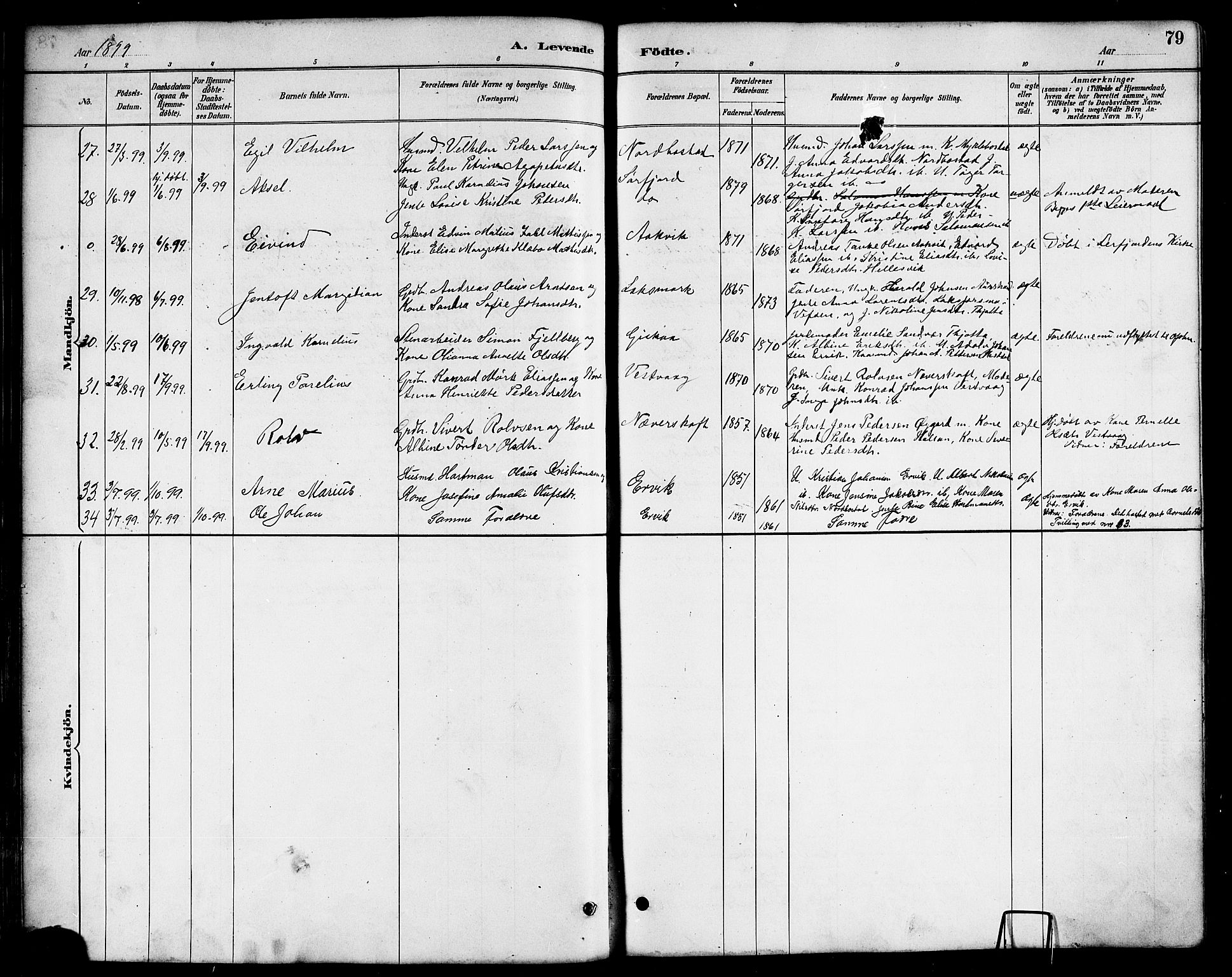 Ministerialprotokoller, klokkerbøker og fødselsregistre - Nordland, AV/SAT-A-1459/817/L0268: Klokkerbok nr. 817C03, 1884-1920, s. 79