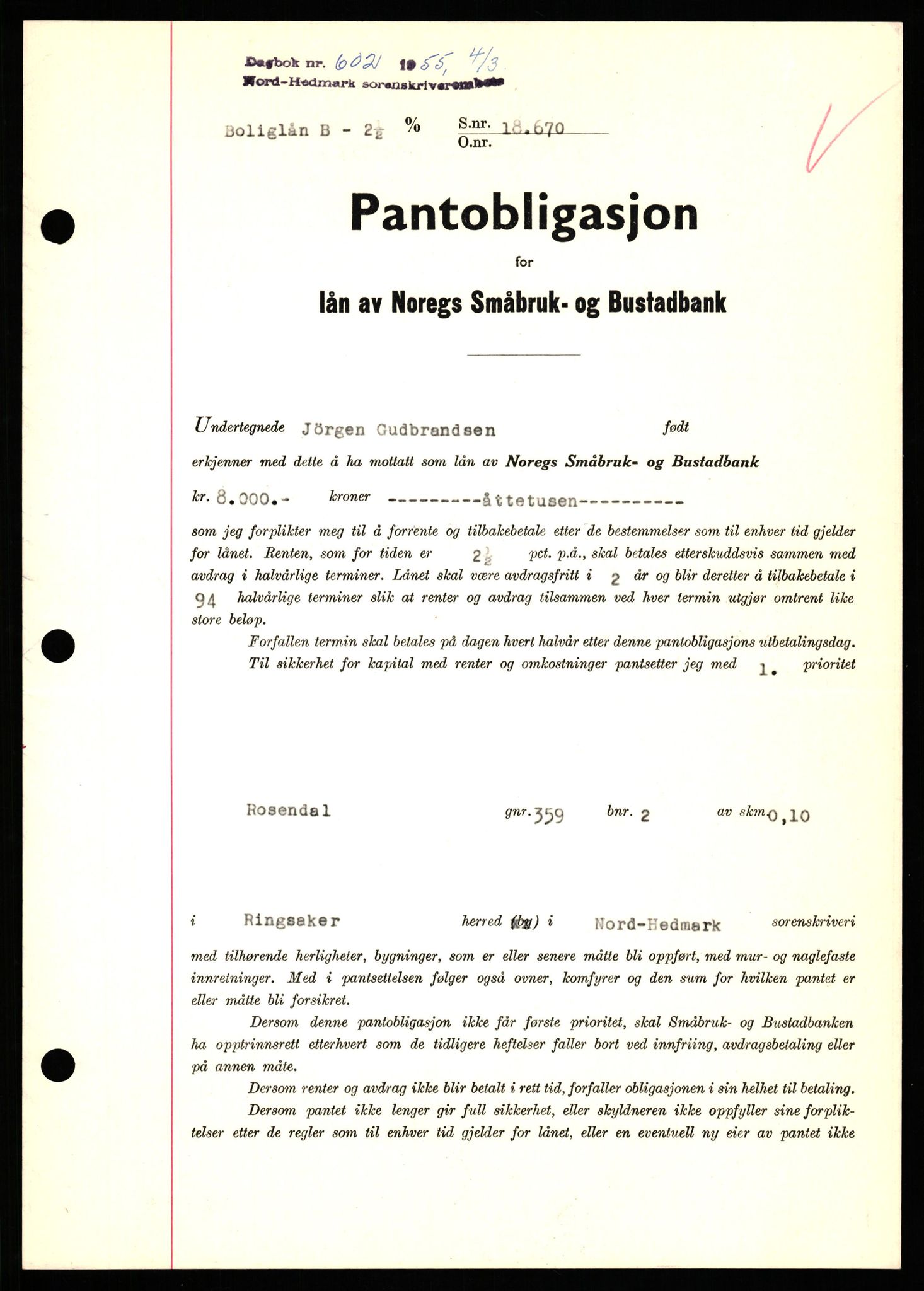 Nord-Hedmark sorenskriveri, SAH/TING-012/H/Hb/Hbf/L0032: Pantebok nr. B32, 1955-1955, Dagboknr: 602/1952