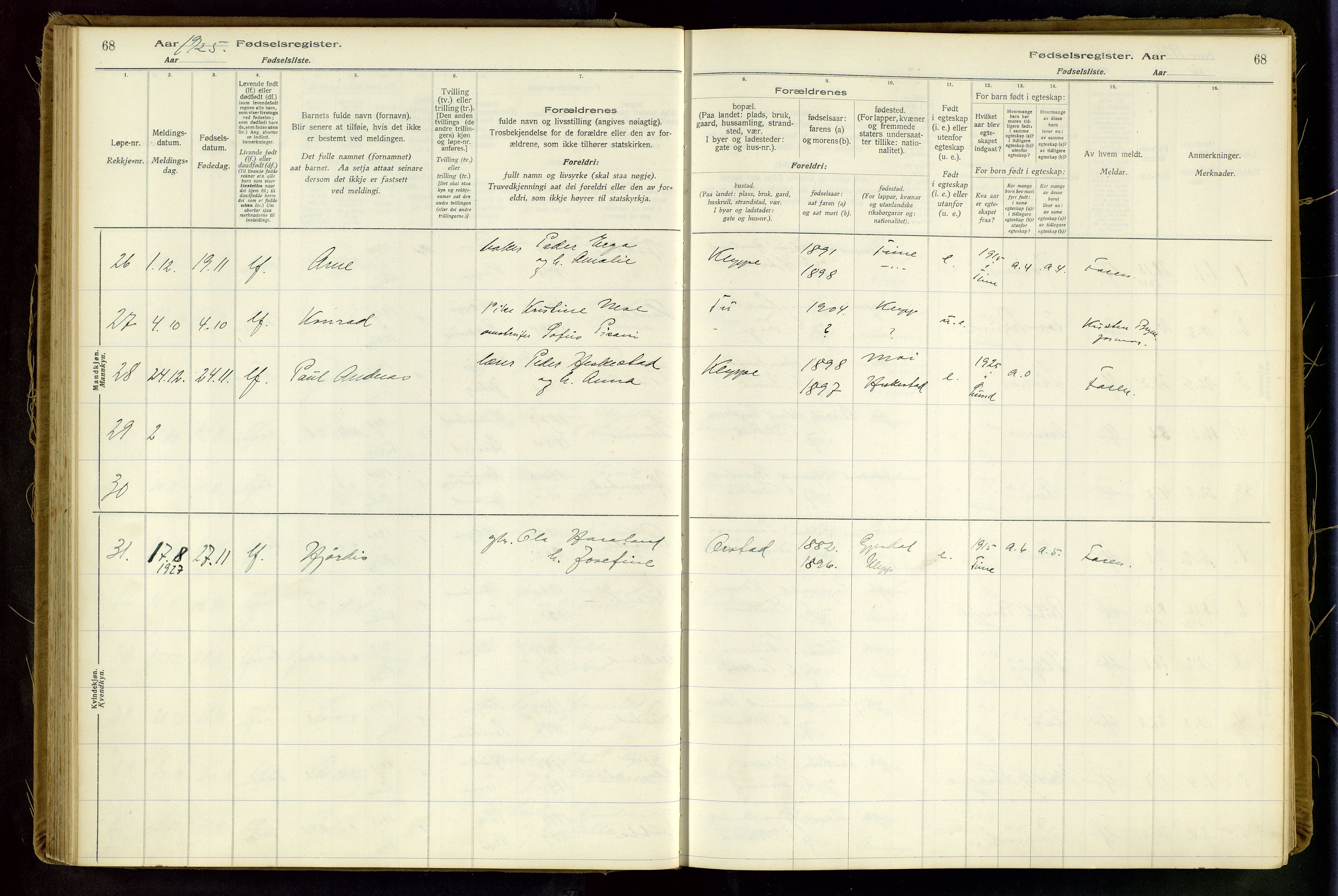 Klepp sokneprestkontor, AV/SAST-A-101803/001/704BAA/L0001: Fødselsregister nr. 1, 1916-1948, s. 68